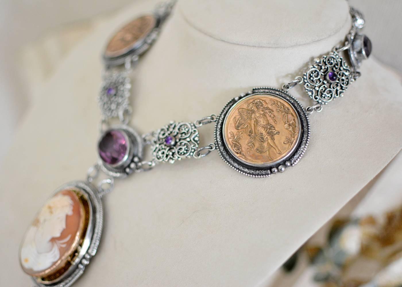Oval Cut Jill Garber Antique Goddess Cameo, Amethyst with French Medals Drop Necklace For Sale