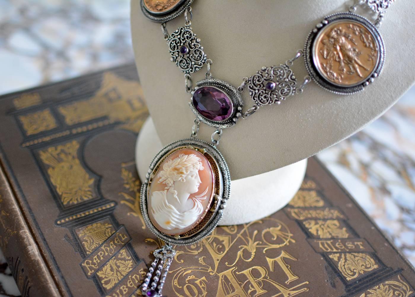 Women's or Men's Jill Garber Antique Goddess Cameo, Amethyst with French Medals Drop Necklace For Sale