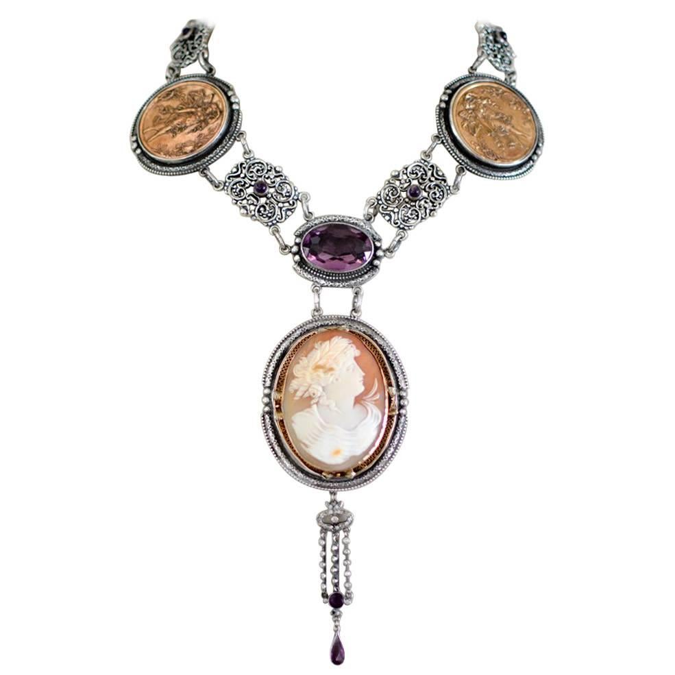 Jill Garber Antique Goddess Cameo, Amethyst with French Medals Drop Necklace