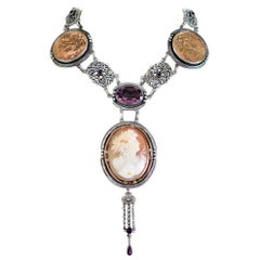 Jill Garber Antique Goddess Cameo, Amethyst with French Medals Drop Necklace