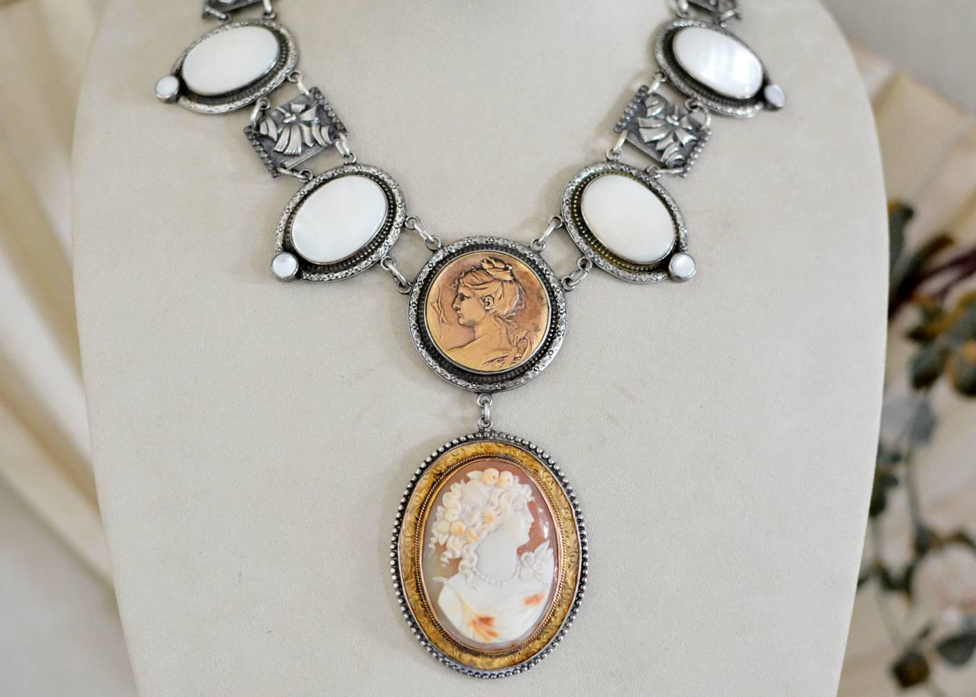 An important one of a kind antique Victorian hand carved Goddess cameo in 14 karat gold engraved mounting is bezel set within beading to gracefully hang from a round vintage French bronze metal. These central elements form the focal point of this