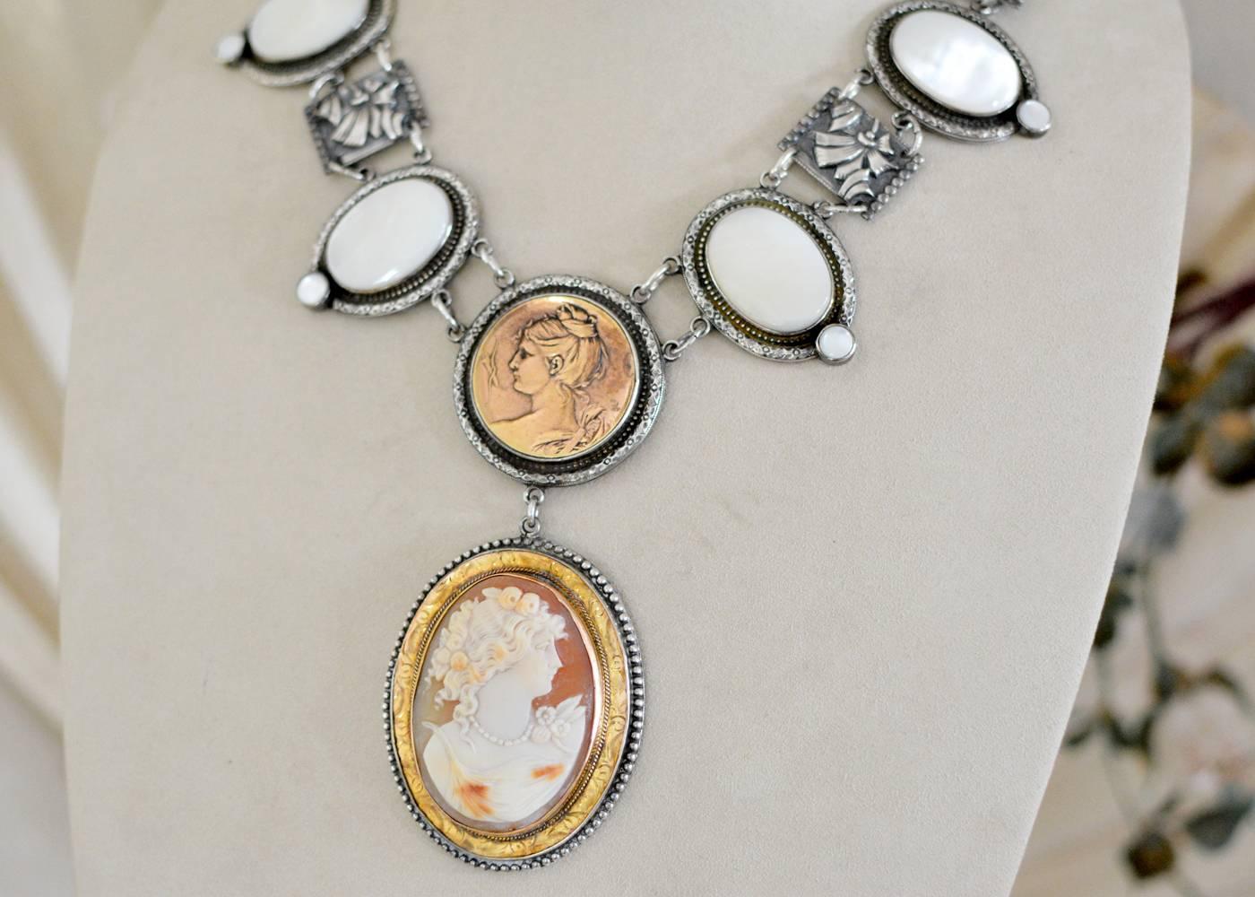 Early Victorian Jill Garber Nineteenth Century Goddess Cameo with Mother-of-Pearl Drop Necklace For Sale