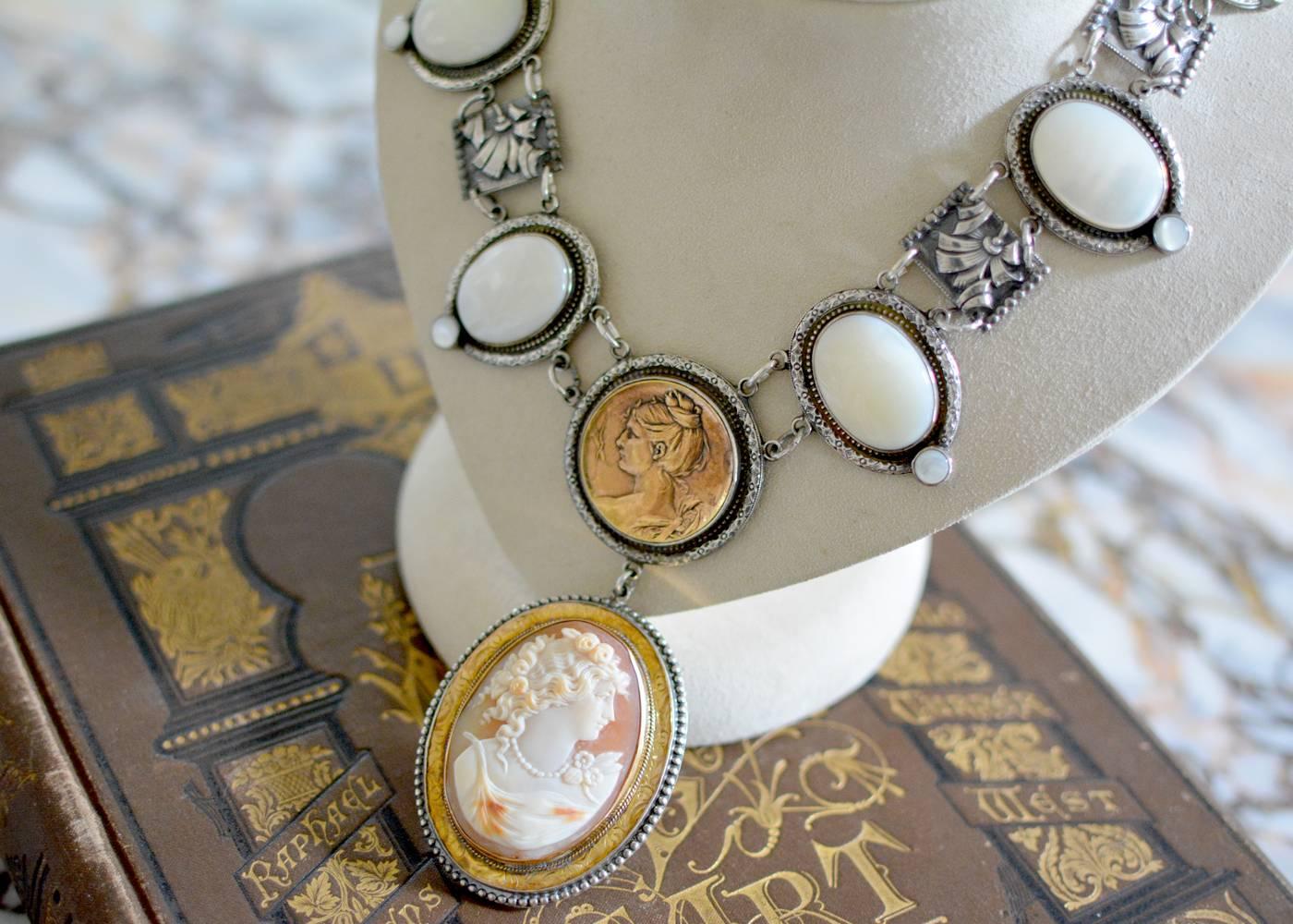 Jill Garber Göttin der Kamee des neunzehnten Jahrhunderts mit Perlmutt-Tropfen-Halskette im Angebot 4