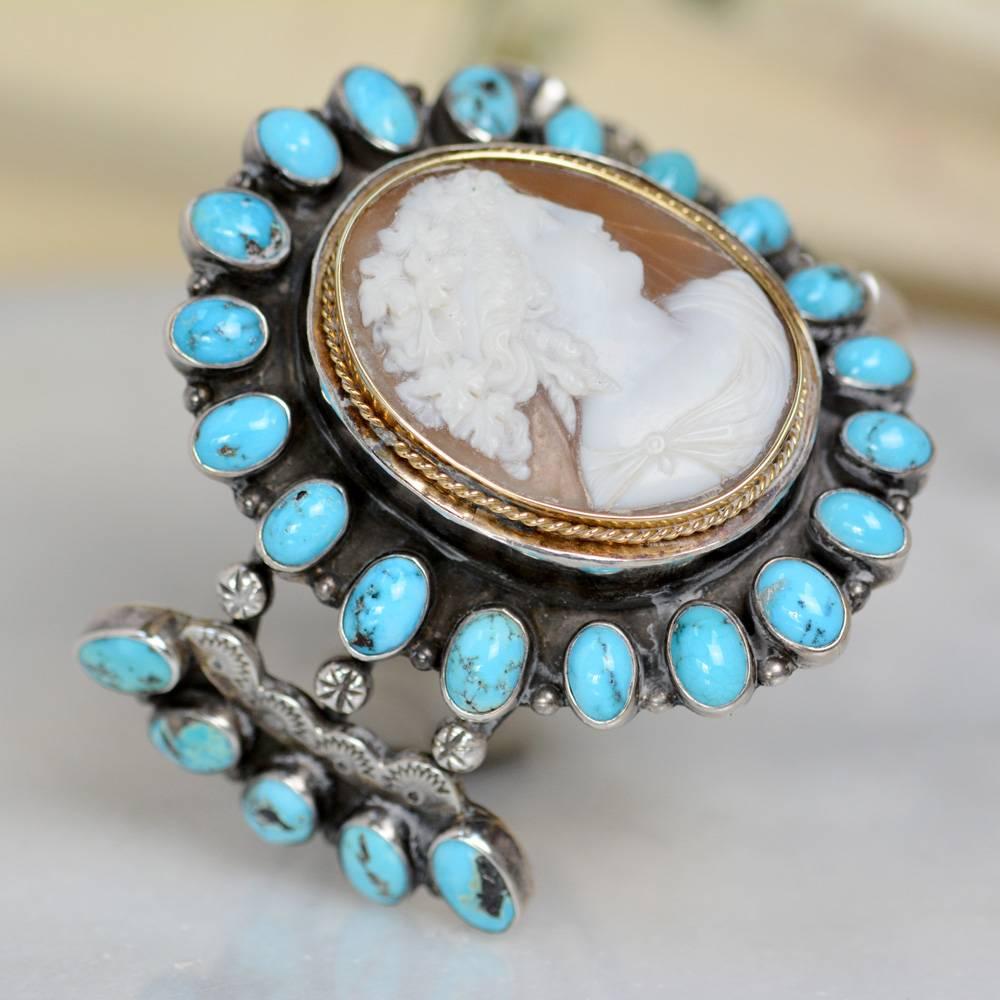 Victorian Jill Garber Nineteenth Century Carved Goddess Cameo with Turquoise Cuff Bracelet