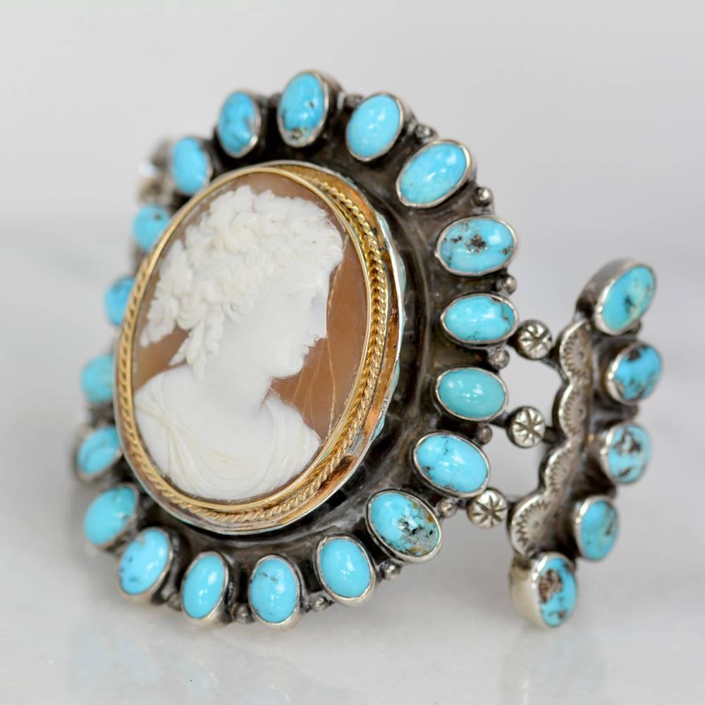 Oval Cut Jill Garber Nineteenth Century Carved Goddess Cameo with Turquoise Cuff Bracelet
