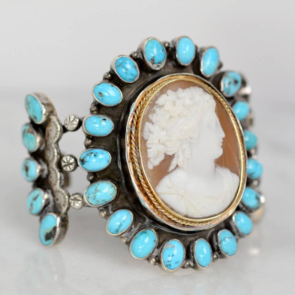 Women's or Men's Jill Garber Nineteenth Century Carved Goddess Cameo with Turquoise Cuff Bracelet