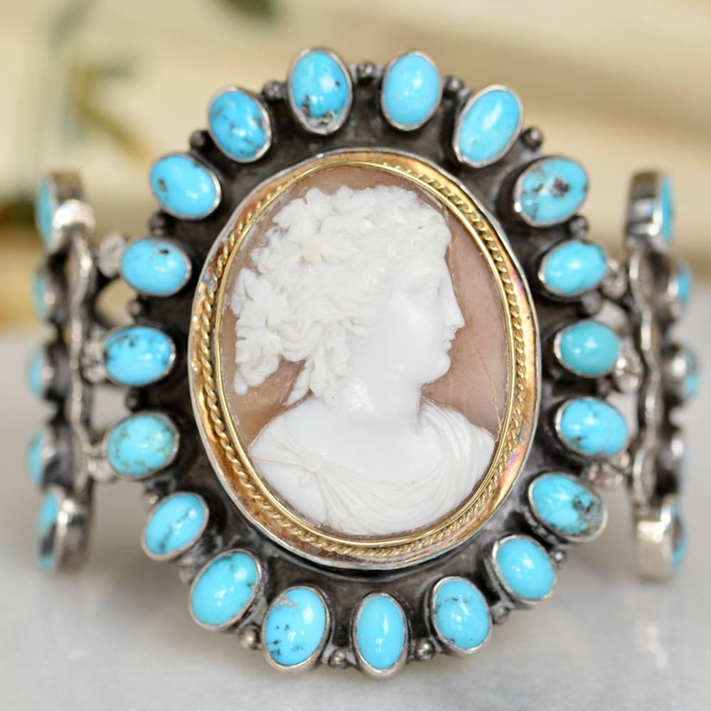 Jill Garber Nineteenth Century Carved Goddess Cameo with Turquoise Cuff Bracelet 1