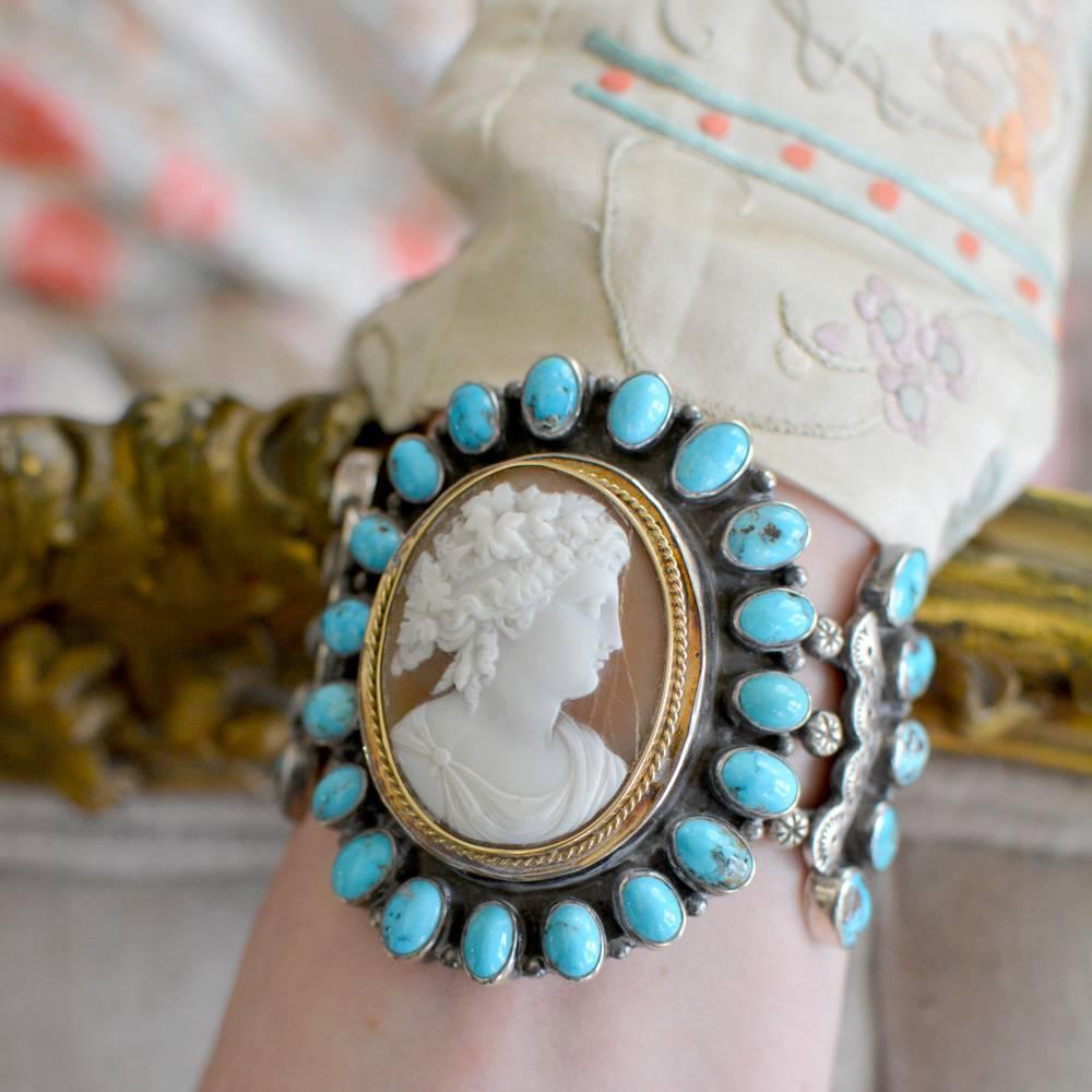 Jill Garber Nineteenth Century Carved Goddess Cameo with Turquoise Cuff Bracelet 3