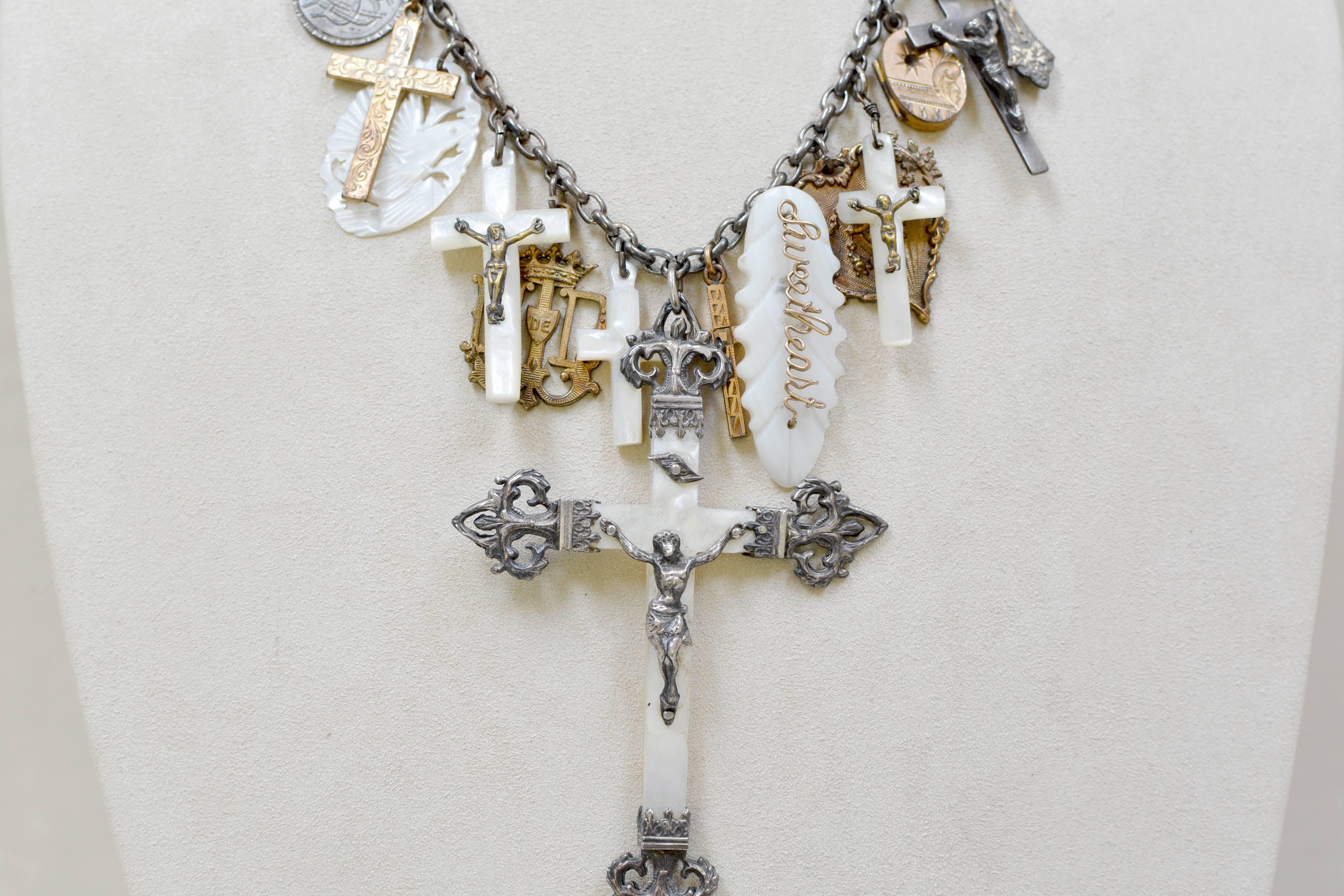 Jill Garber Antique Love Token Talisman Necklace Mother-of-Pearl Cross Necklace For Sale 1