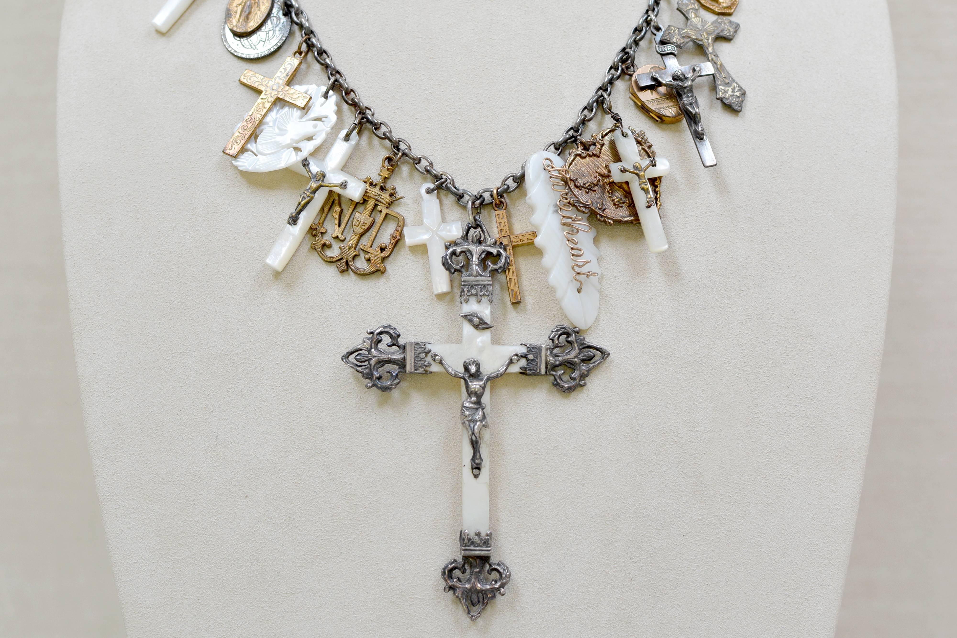 Jill Garber Antique Love Token Talisman Necklace Mother-of-Pearl Cross Necklace In Excellent Condition For Sale In Saginaw, MI