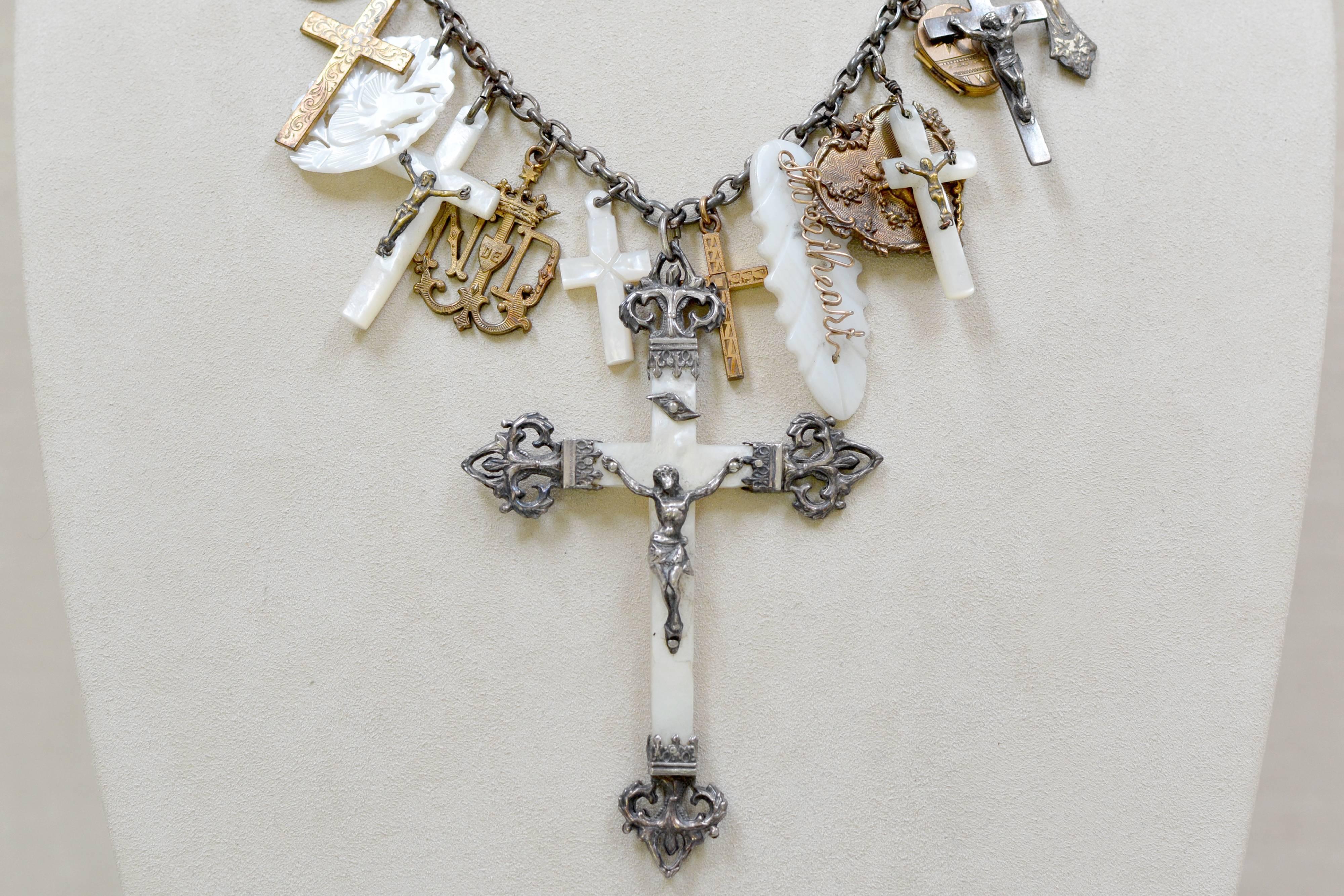 Women's or Men's Jill Garber Antique Love Token Talisman Necklace Mother-of-Pearl Cross Necklace For Sale