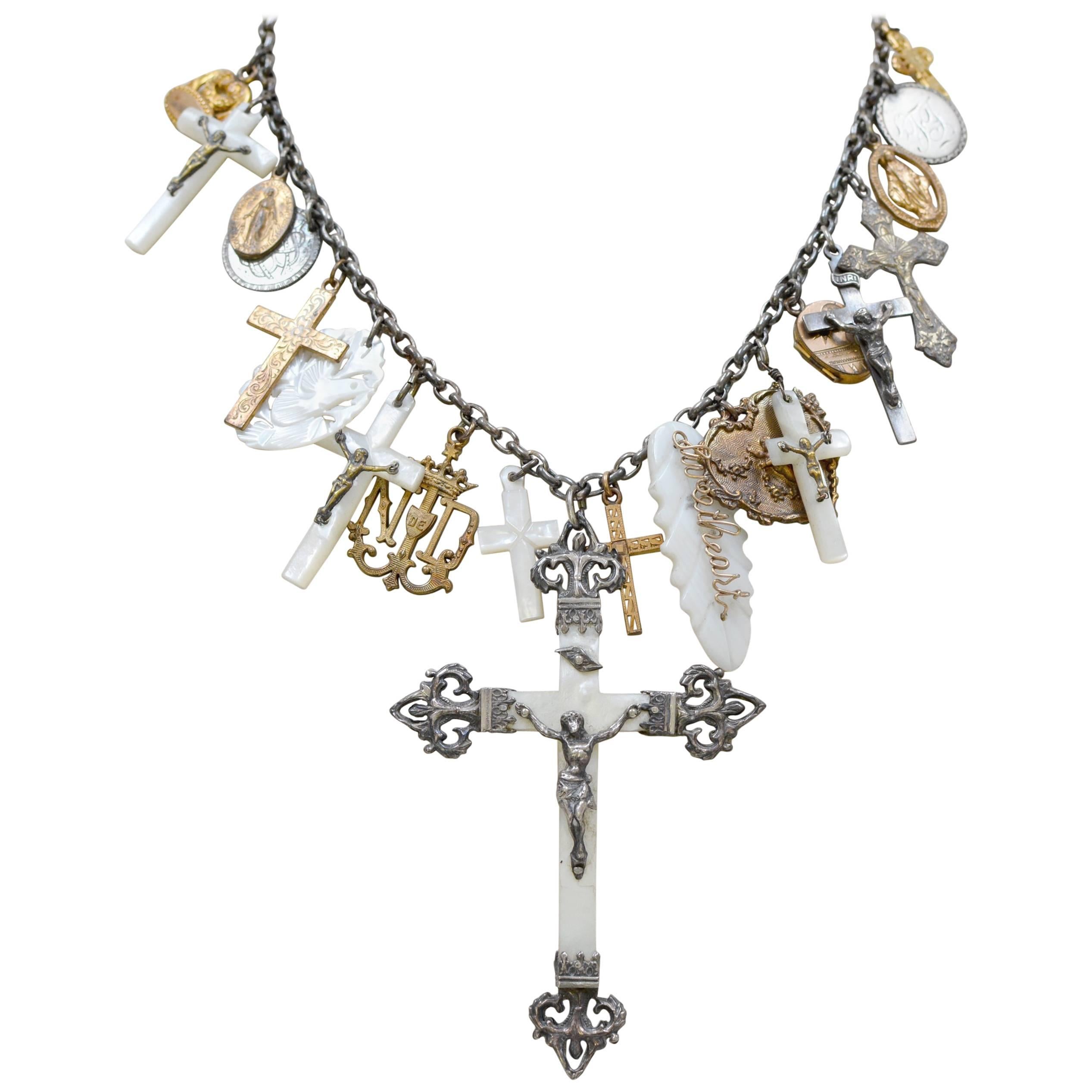 Jill Garber Antique Love Token Talisman Necklace Mother-of-Pearl Cross Necklace For Sale