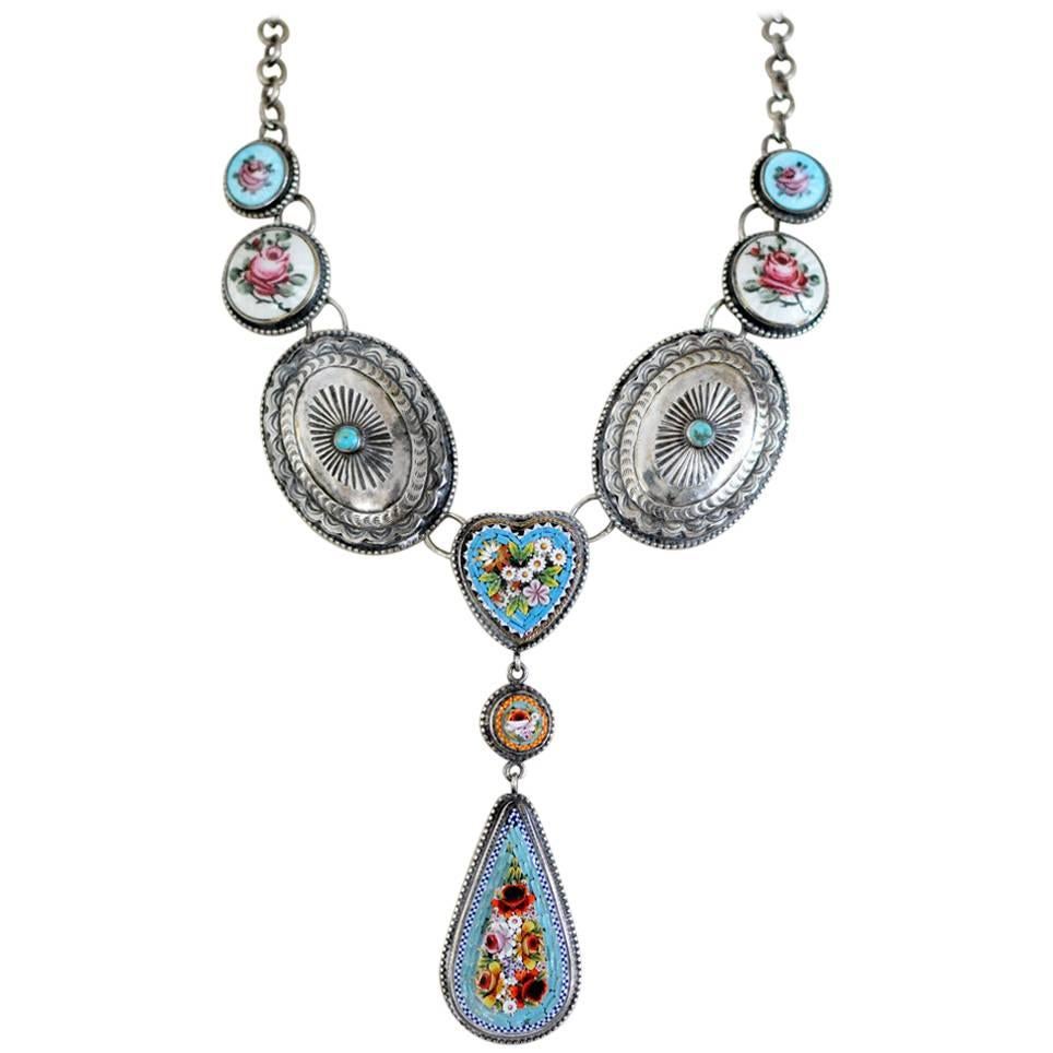 Jill Garber Collar de gota de micro mosaico antiguo, turquesa de primera ley y concho