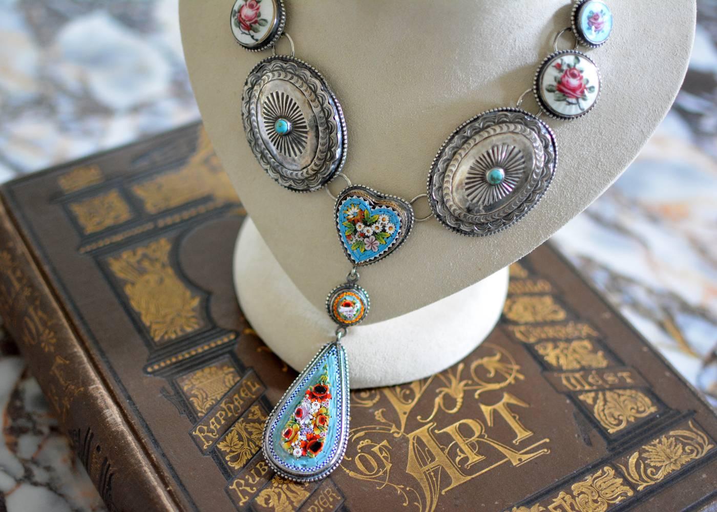 Jill Garber Antike Mikro-Mosaik, frühe Türkis-Koncho-Halskette aus Sterling im Angebot 3
