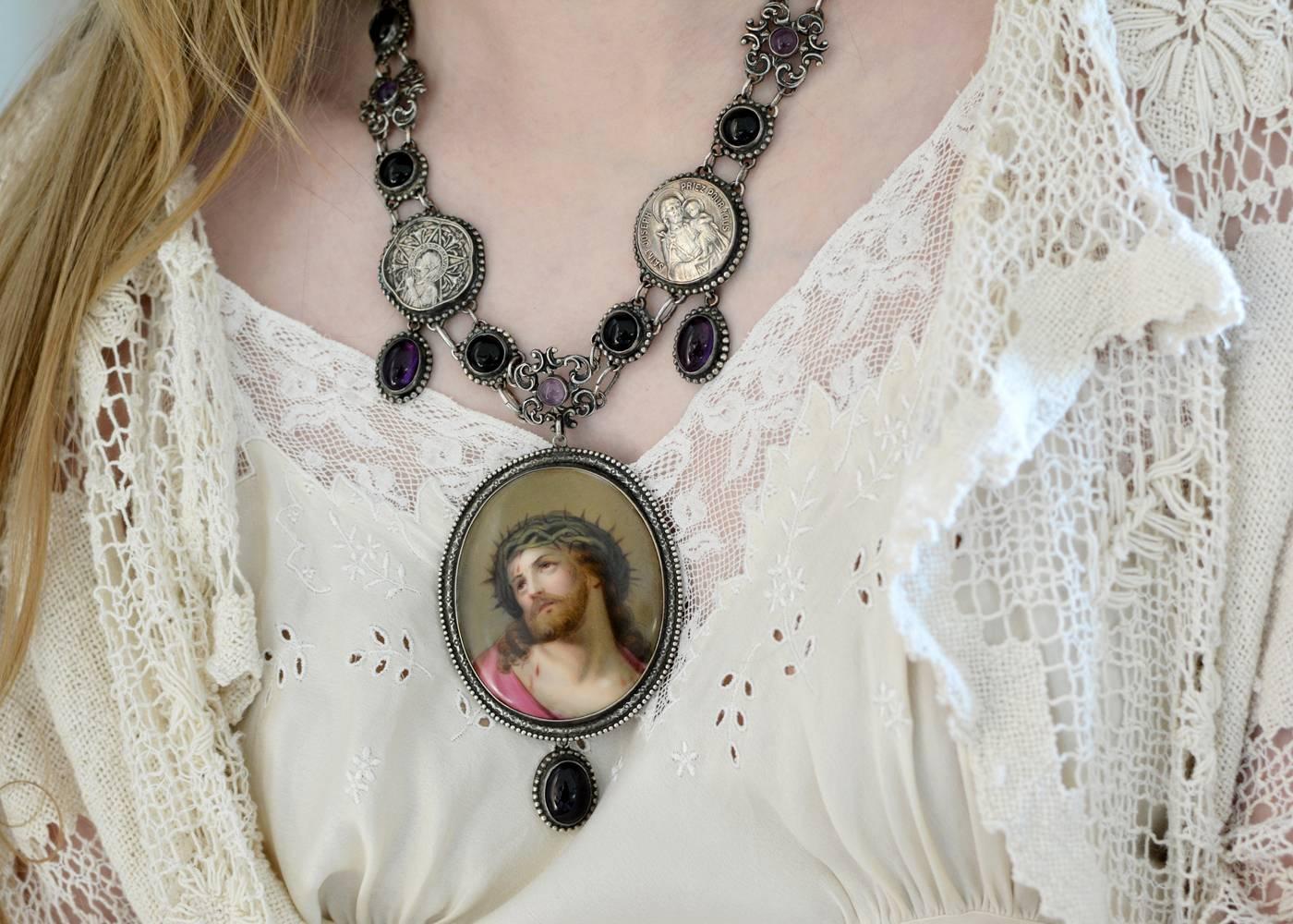 Jill Garber Sacred French Portrait of Christ, Amethyst and Onyx Festoon Necklace For Sale 2