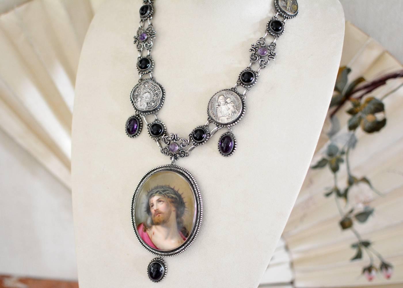 Baroque Jill Garber Sacred French Portrait of Christ, Amethyst and Onyx Festoon Necklace For Sale