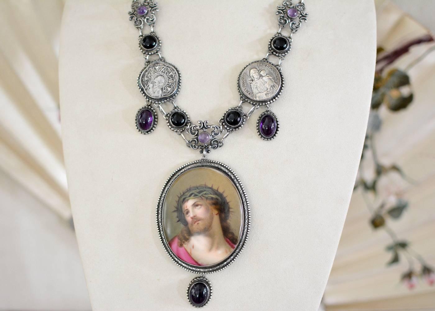 Baroque Jill Garber Sacred French Portrait of Christ, Amethyst and Onyx Festoon Necklace For Sale