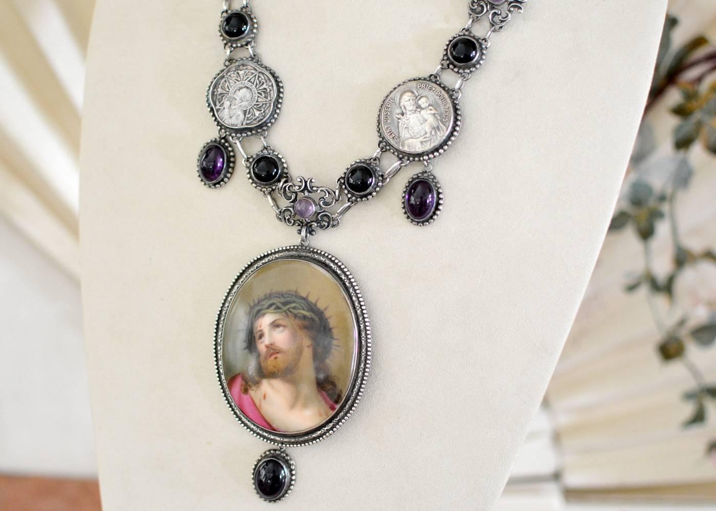 Round Cut Jill Garber Sacred French Portrait of Christ, Amethyst and Onyx Festoon Necklace For Sale