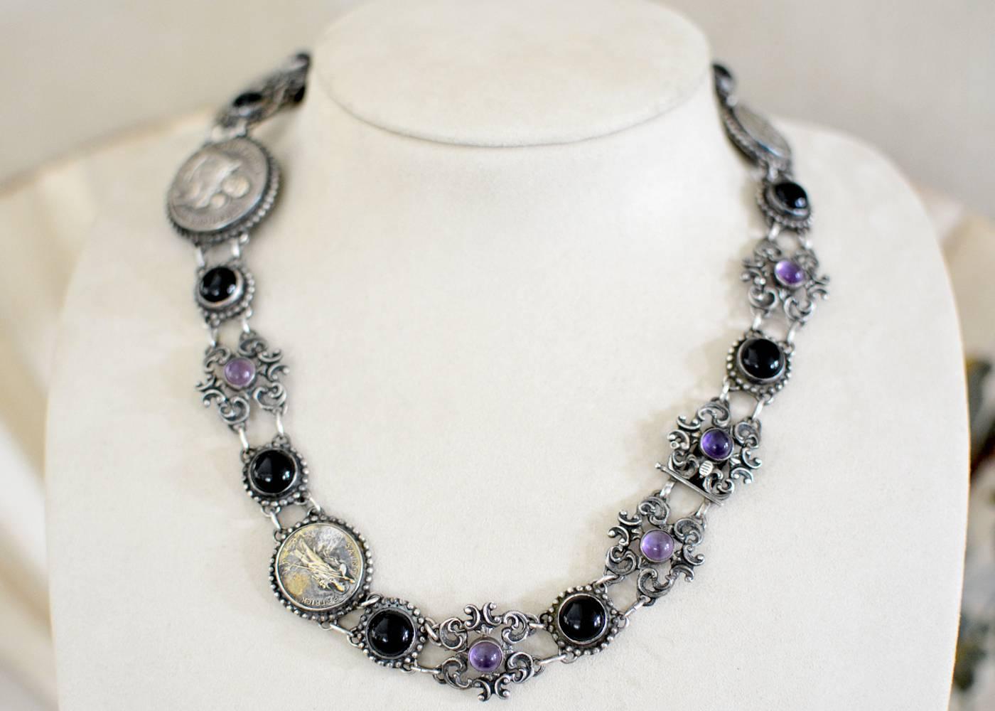 Jill Garber Sacred French Portrait of Christ, Amethyst and Onyx Festoon Necklace In Excellent Condition For Sale In Saginaw, MI