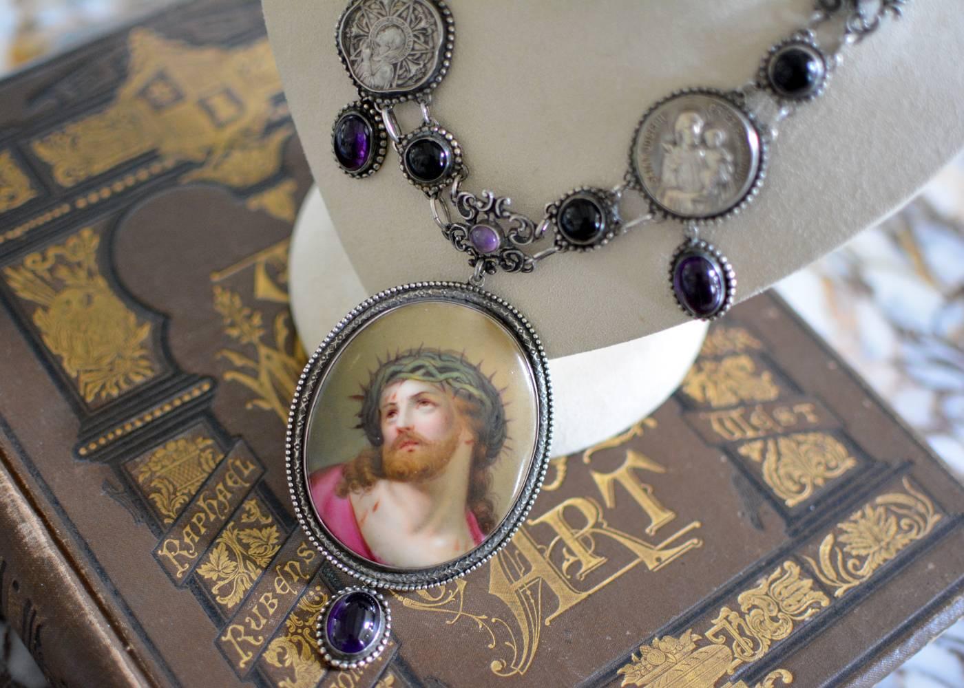 Jill Garber Sacred French Portrait of Christ, Amethyst and Onyx Festoon Necklace For Sale 1