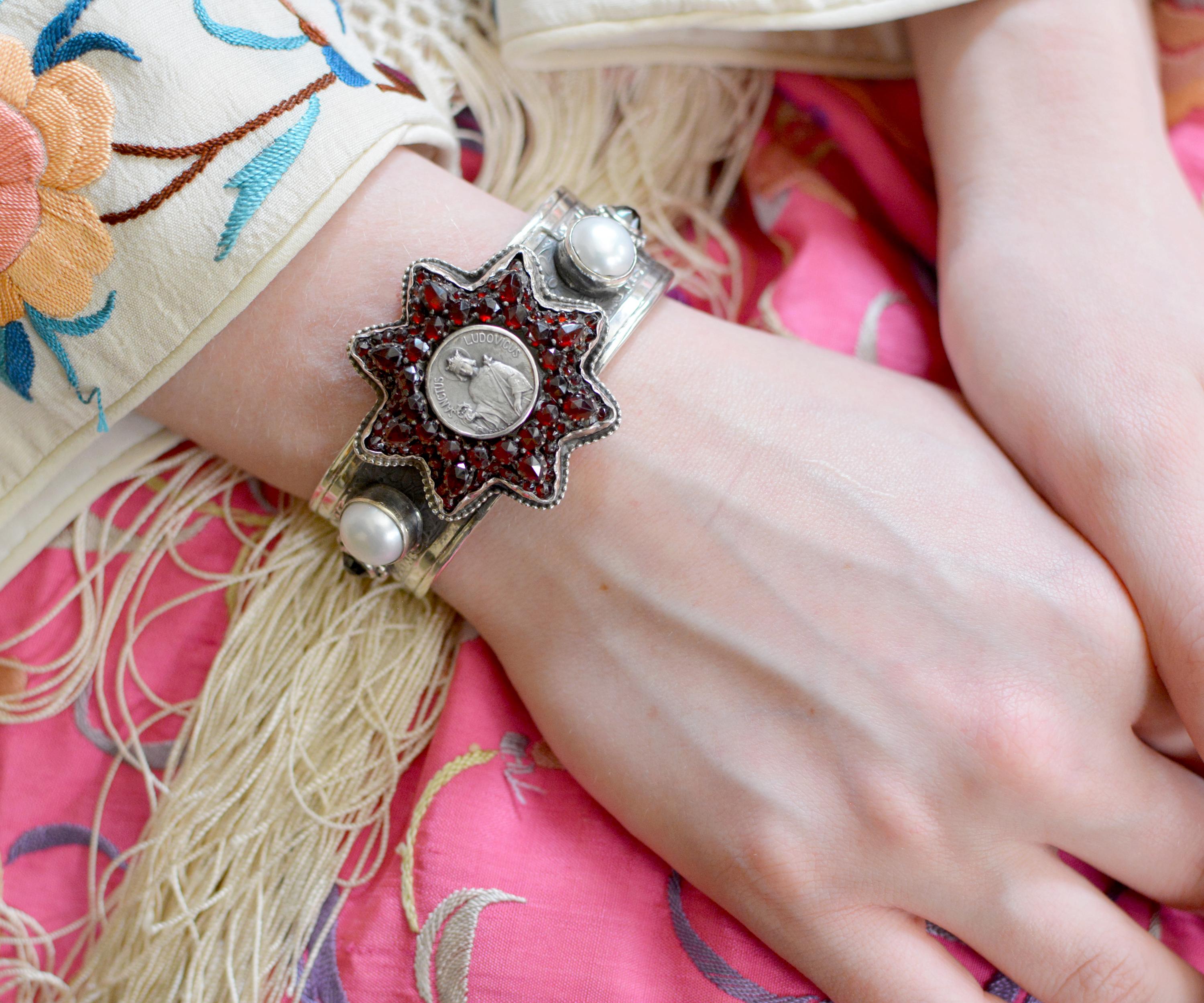 Jill Garber Antique Sacred Heart Medal within Rose Cut Garnet Star Cuff Bracelet For Sale 8