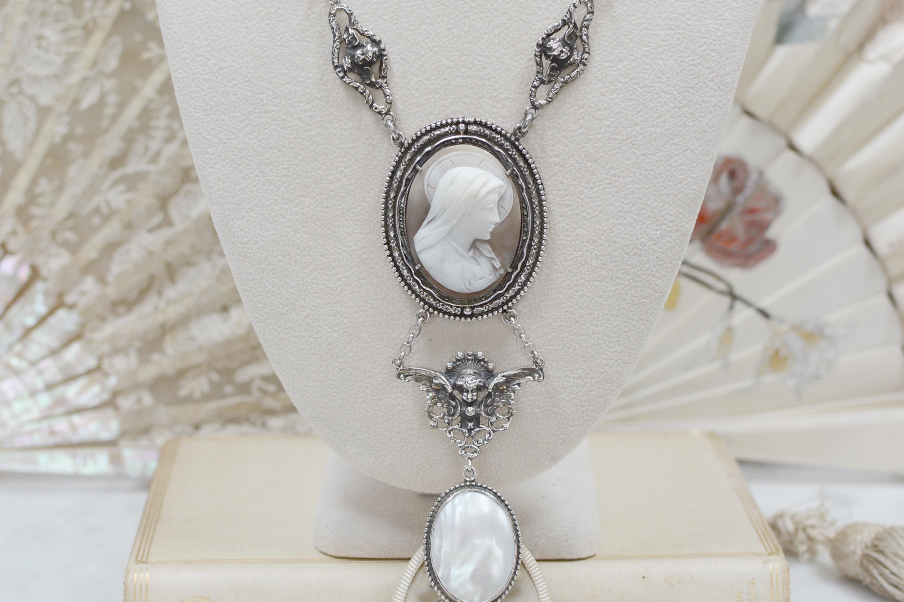 Jill Garber Antique Saint Mary Cameo Angels Drop Necklace with Mother of Pearl For Sale 2