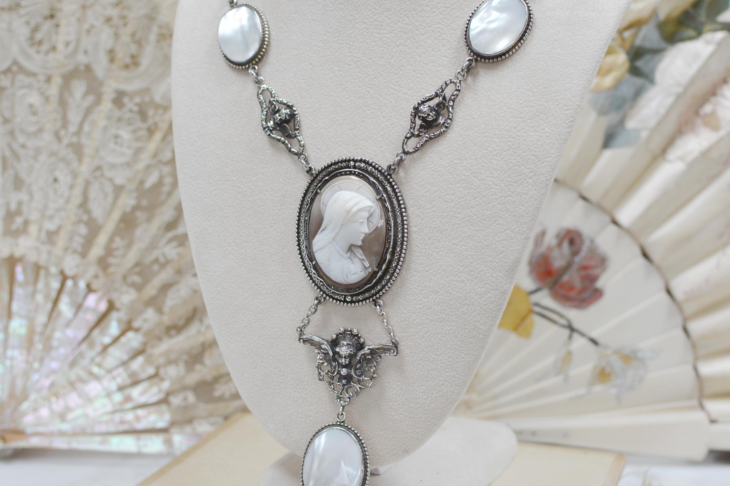 Baroque Jill Garber Antique Saint Mary Cameo Angels Drop Necklace with Mother of Pearl For Sale