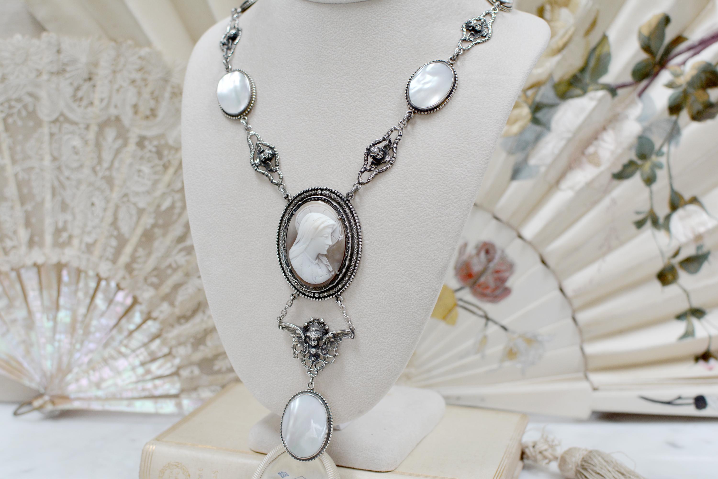 French Cut Jill Garber Antique Saint Mary Cameo Angels Drop Necklace with Mother of Pearl For Sale