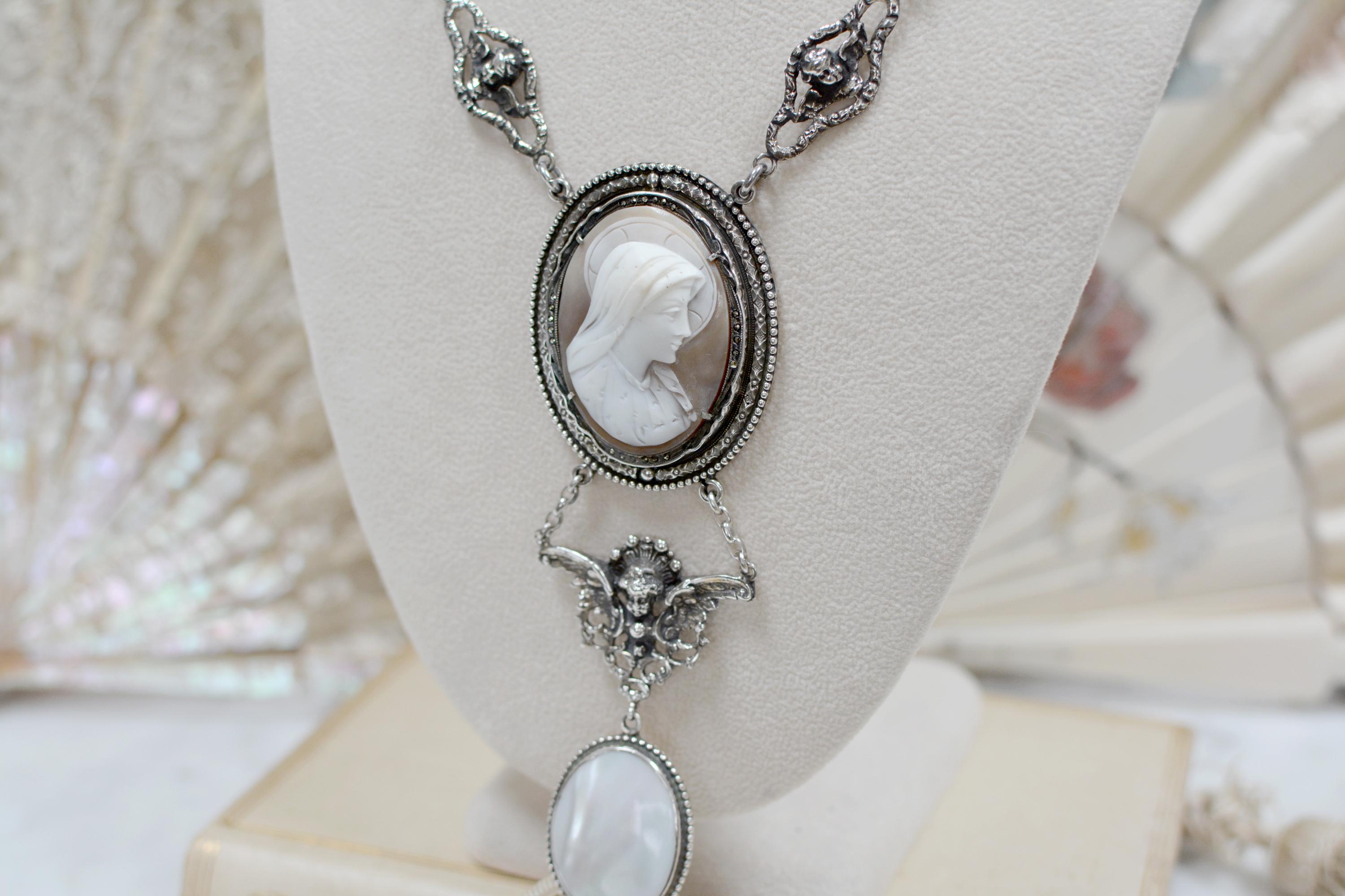 Jill Garber Antique Saint Mary Cameo Angels Drop Necklace with Mother of Pearl In Excellent Condition For Sale In Saginaw, MI
