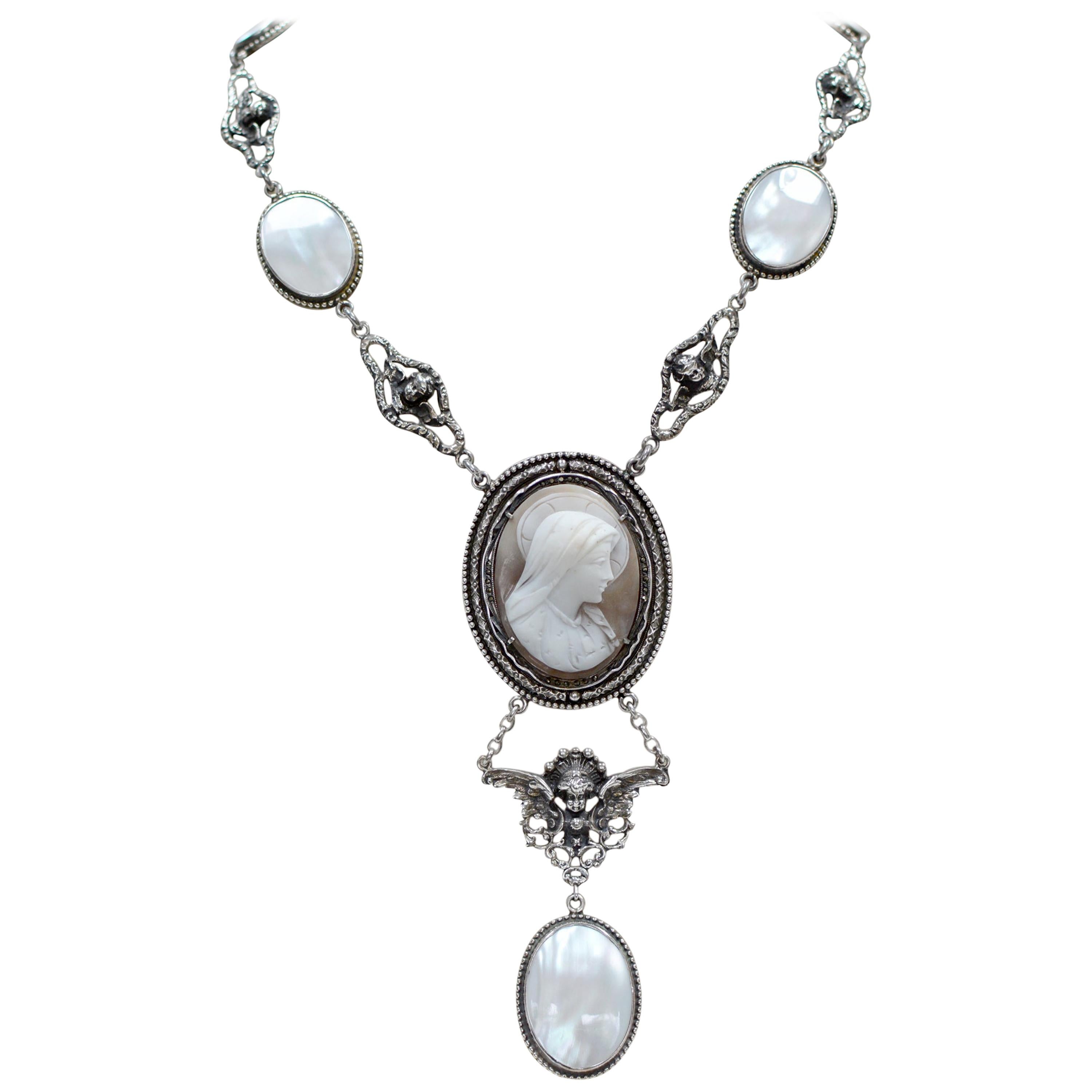 Jill Garber Antique Saint Mary Cameo Angels Drop Necklace with Mother of Pearl