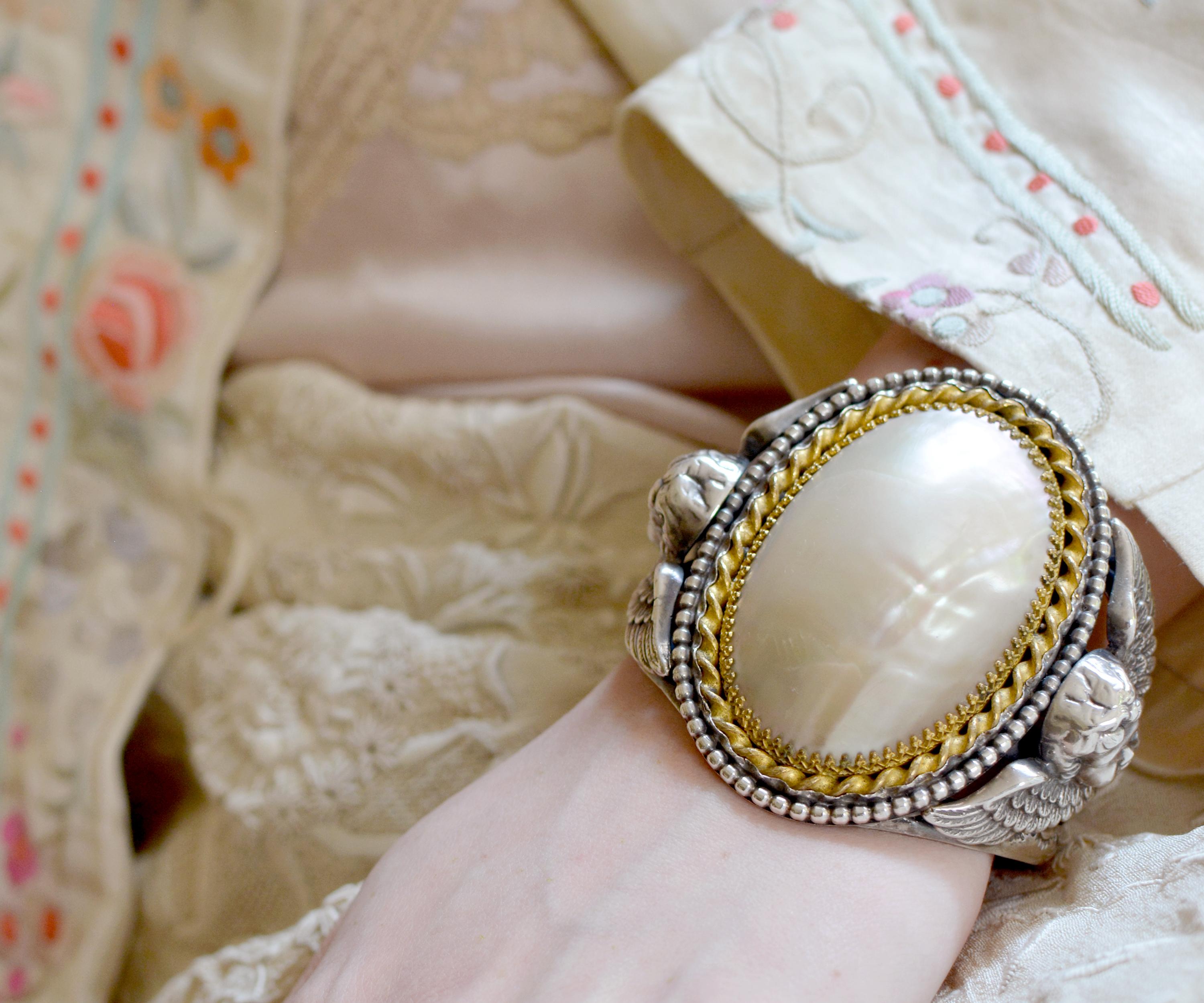 Jill Garber Nineteenth Century Mother of Pearl Cuff Bracelet with Angels For Sale 3