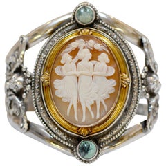 Jill Garber Antique Three Graces Cameo 14 Karat Gold and Silver Cuff Bracelet