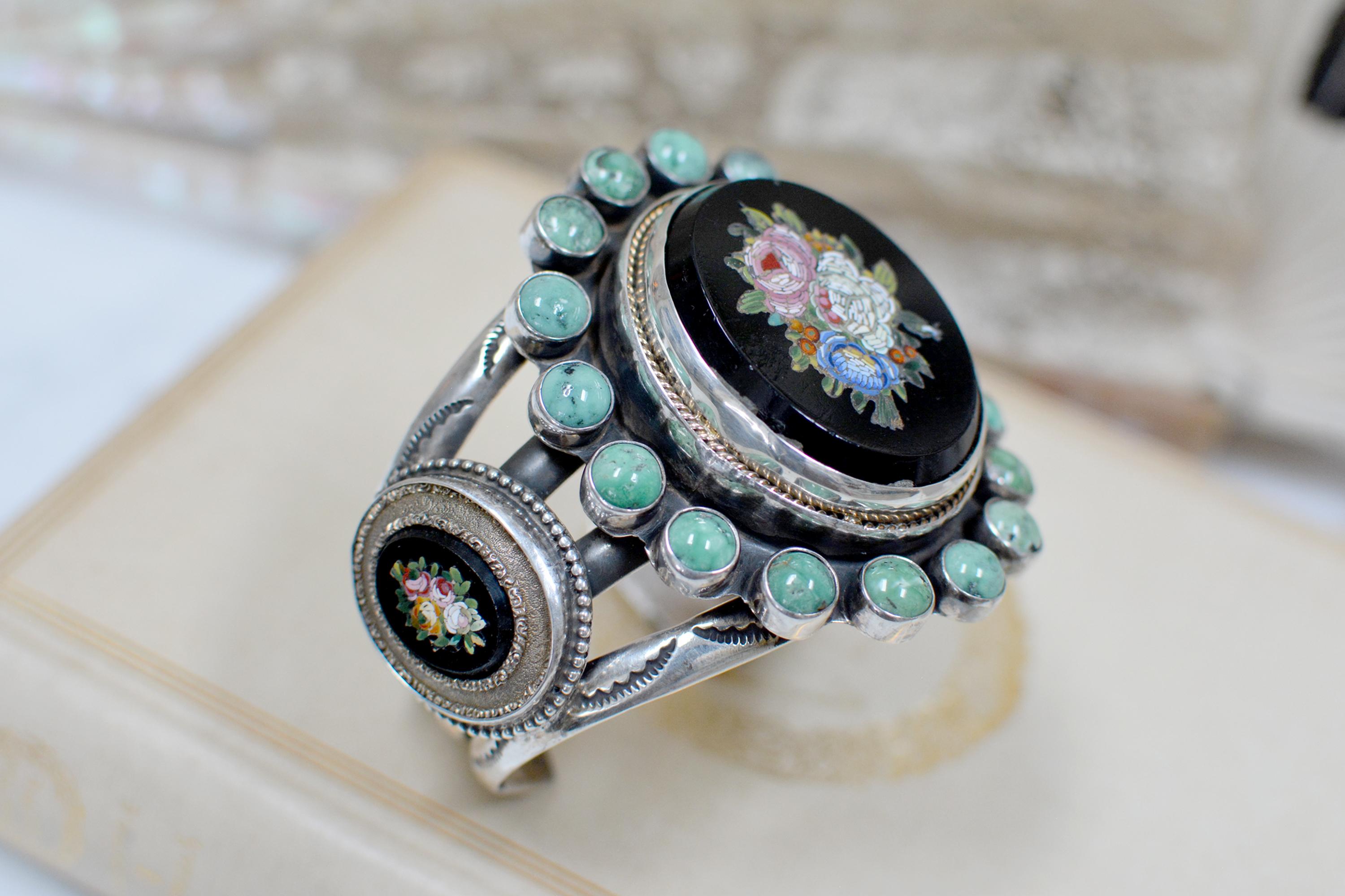 Jill Garber Antique Venetian Floral Bouquet Tesserae Micro Mosaic Cuff Bracelet For Sale 2