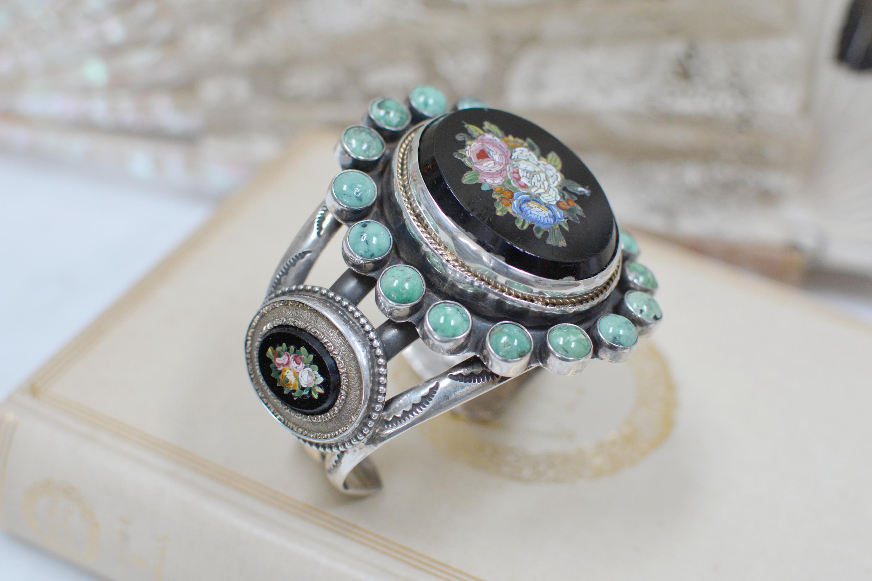 Jill Garber Antique Venetian Floral Bouquet Tesserae Micro Mosaic Cuff Bracelet For Sale 1