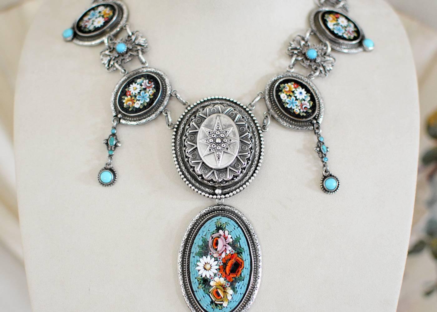 This one of a kind Elizabethan inspired drop necklace with turquoise festoons from my Wisdom Collection features an antique sterling oval pendant with highly detailed raised eight point starburst. A two inch robin's egg blue oval micro mosaic