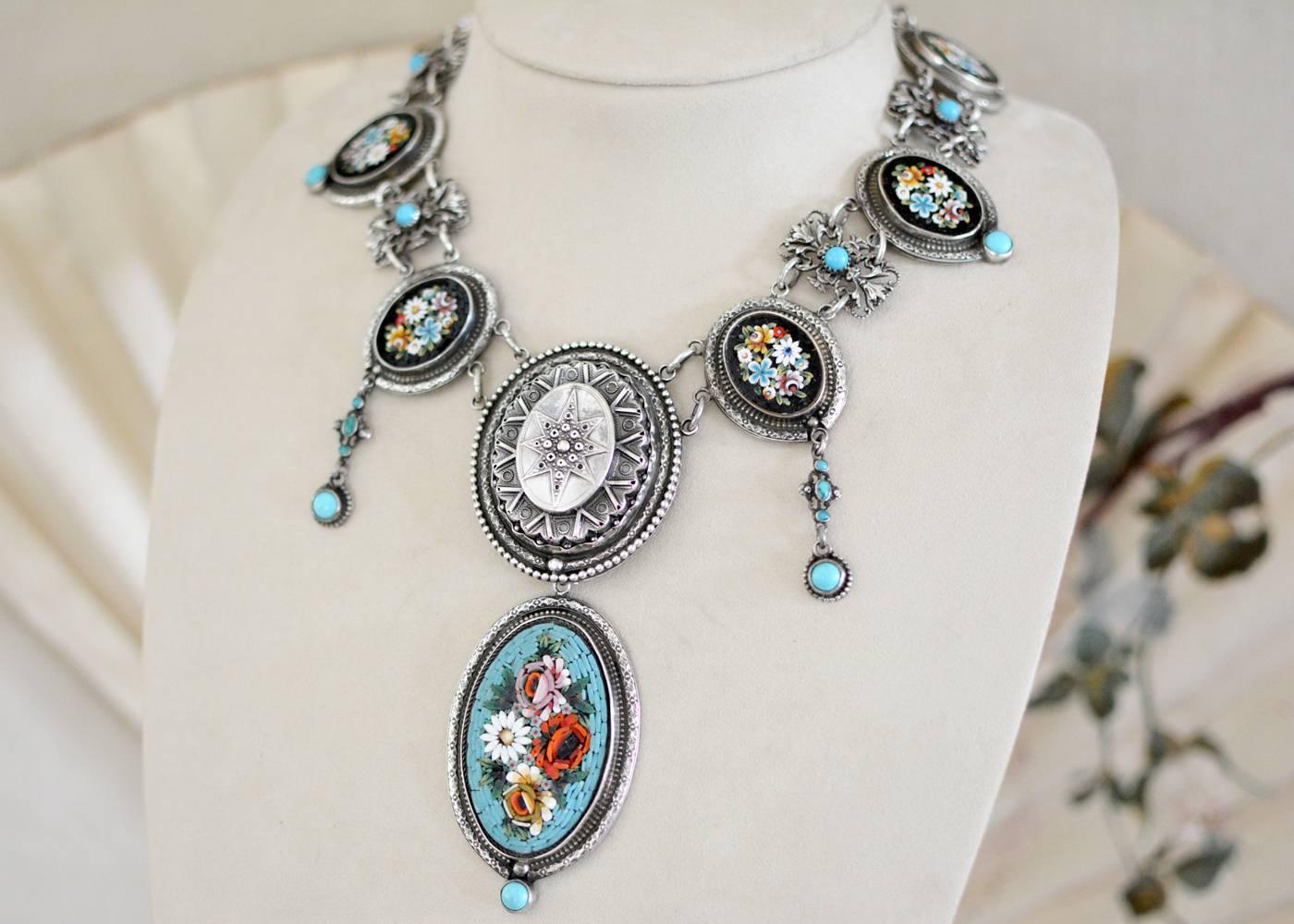 Early Victorian Jill Garber Fine Antique Venetian Micro Mosaic Turquoise Festoon Drop Necklace