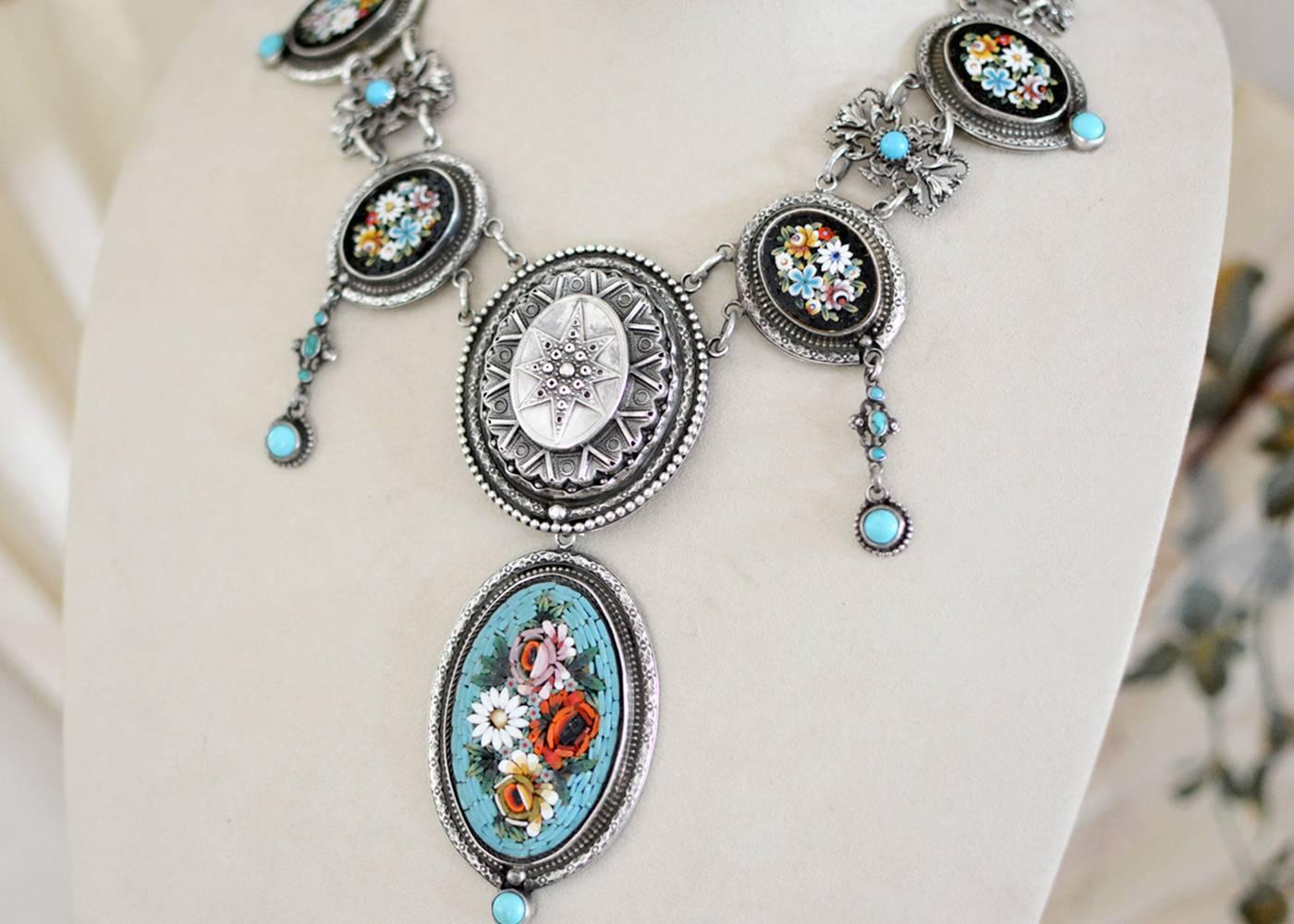 Round Cut Jill Garber Fine Antique Venetian Micro Mosaic Turquoise Festoon Drop Necklace