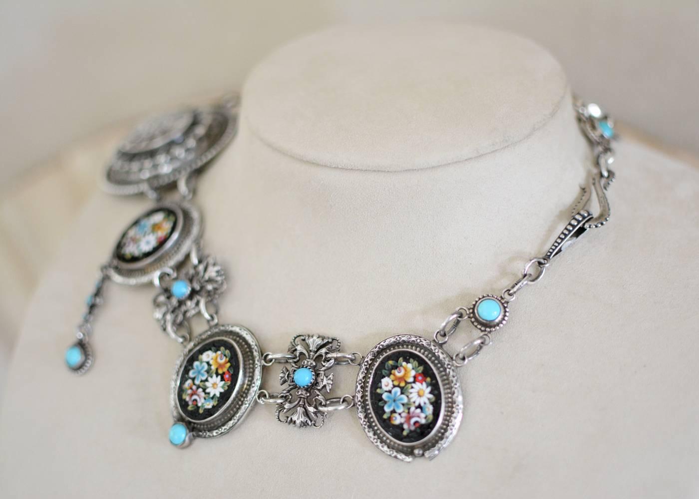 Jill Garber Fine Antique Venetian Micro Mosaic Turquoise Festoon Drop Necklace In Excellent Condition In Saginaw, MI