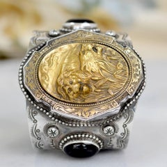 Jill Garber Art Nouveau Lion with Lioness and Black Onyx Sterling Cuff Bracelet