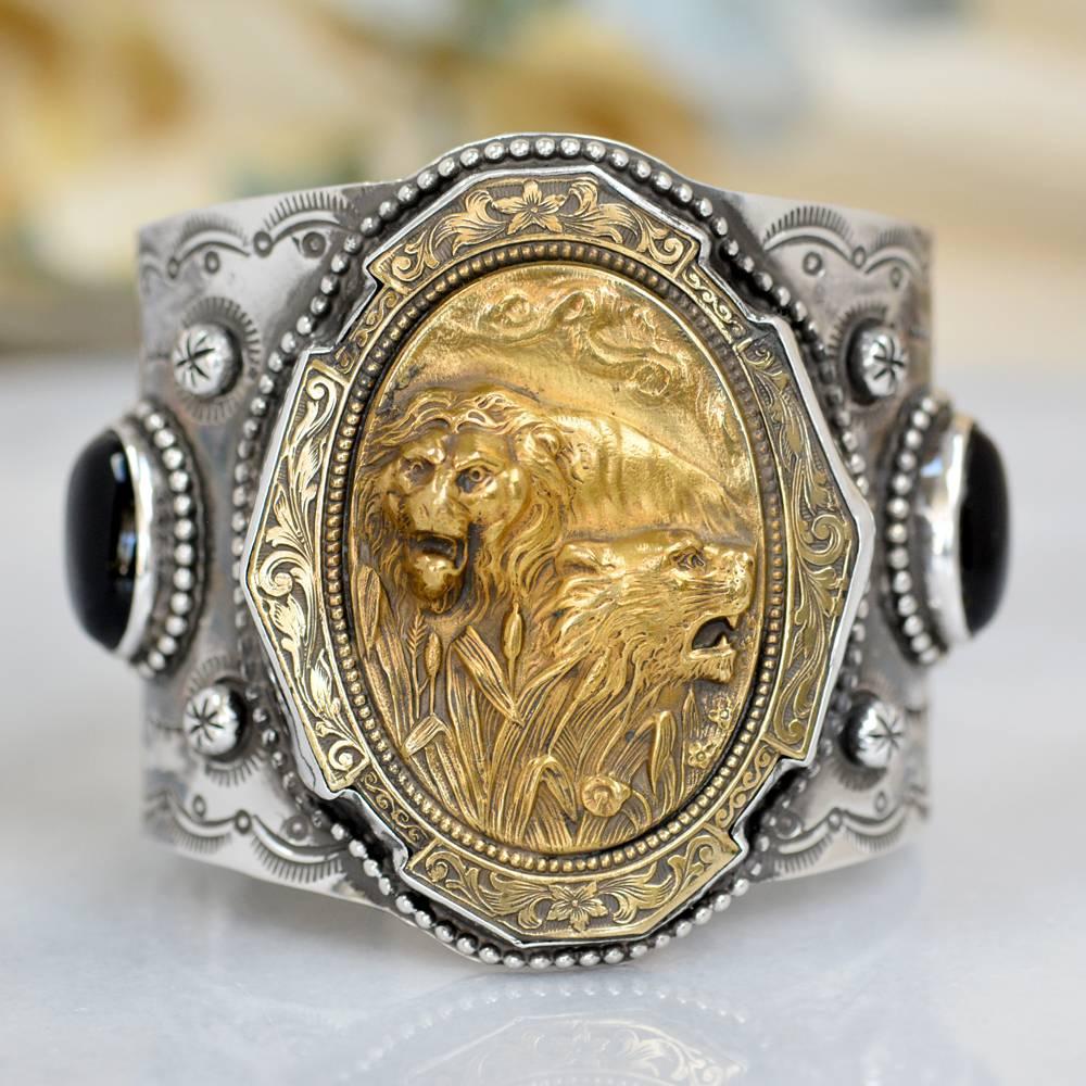 Jill Garber Art Nouveau Lion with Lioness and Black Onyx Sterling Cuff Bracelet 2