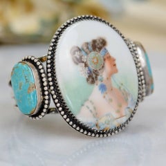 Jill Garber Antiguo Art Nouveau Mucha Diosa Retrato Turquesa Pulsera brazalete