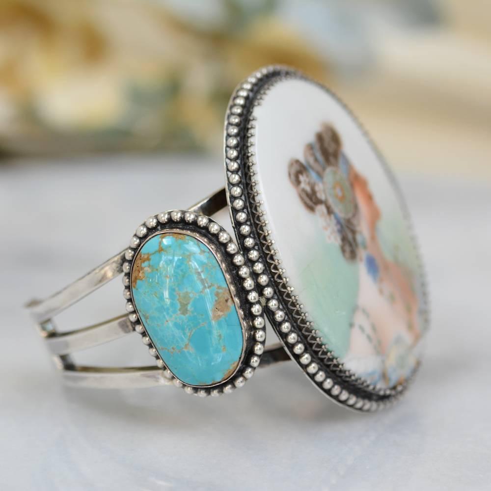Victorien Jill Garber - Manchette ancienne Art Nouveau Mucha Goddess Portrait Turquoise en vente