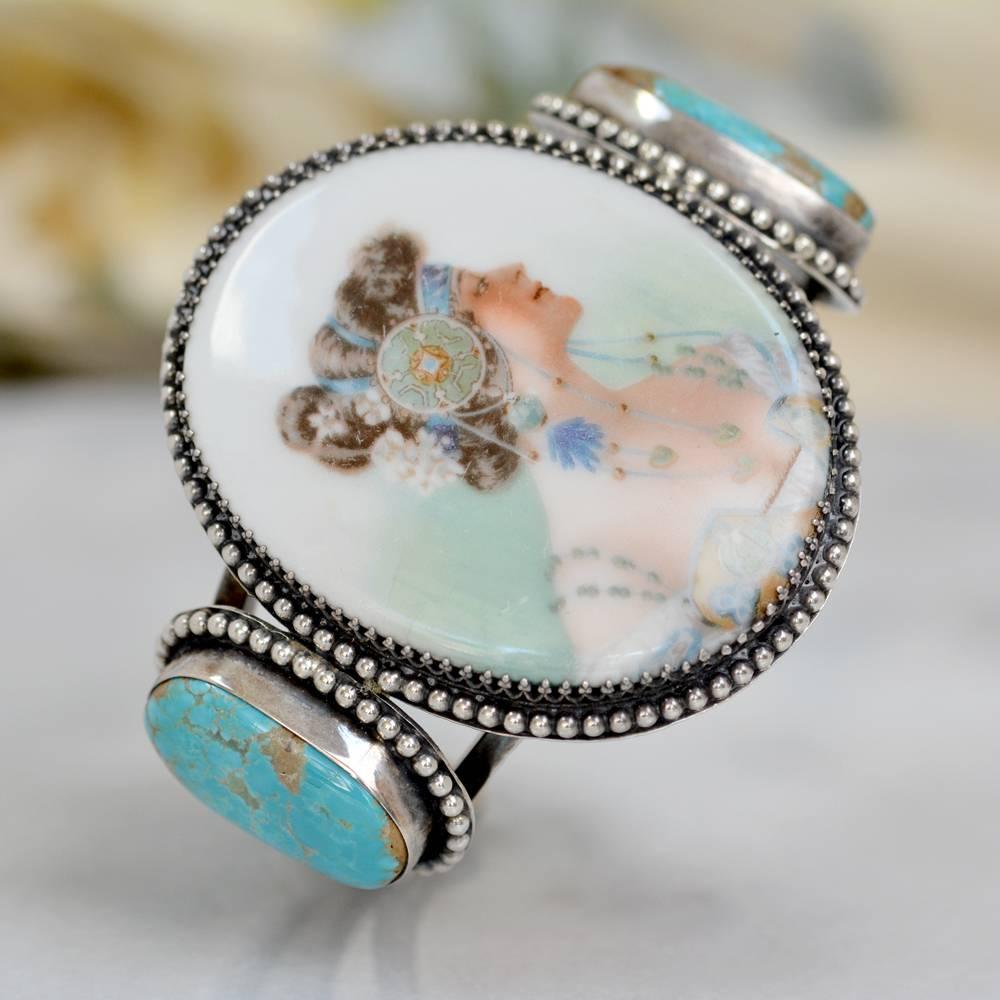 Oval Cut Jill Garber Antique Art Nouveau Mucha Goddess Portrait Turquoise Cuff Bracelet For Sale