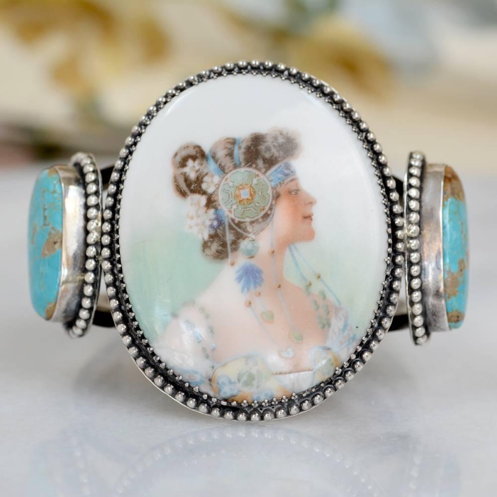Jill Garber Antique Art Nouveau Mucha Goddess Portrait Turquoise Cuff Bracelet For Sale 3