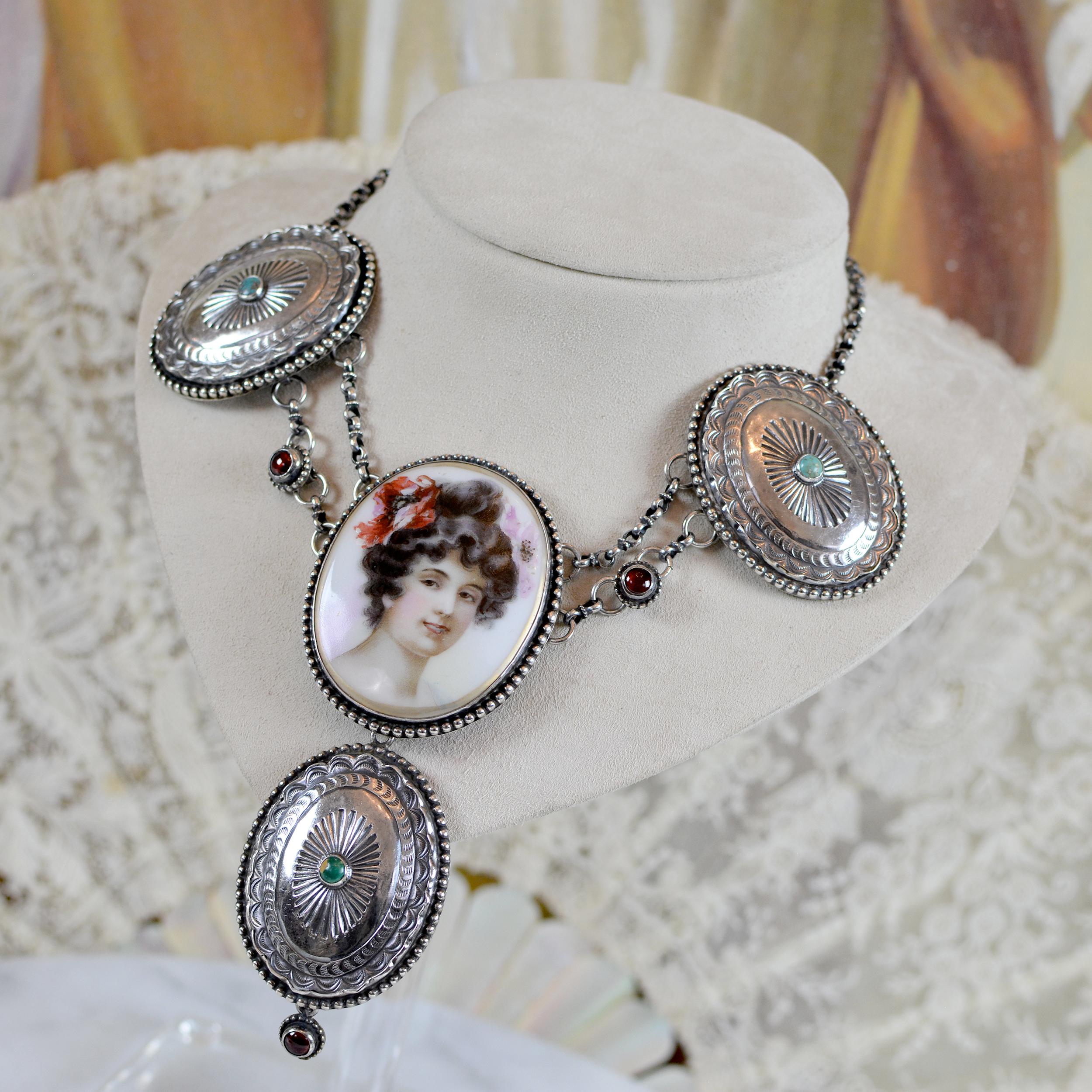 Art Nouveau Jill Garber Goddess Portrait Festoon Necklace with Navajo Concho's and Garnets For Sale