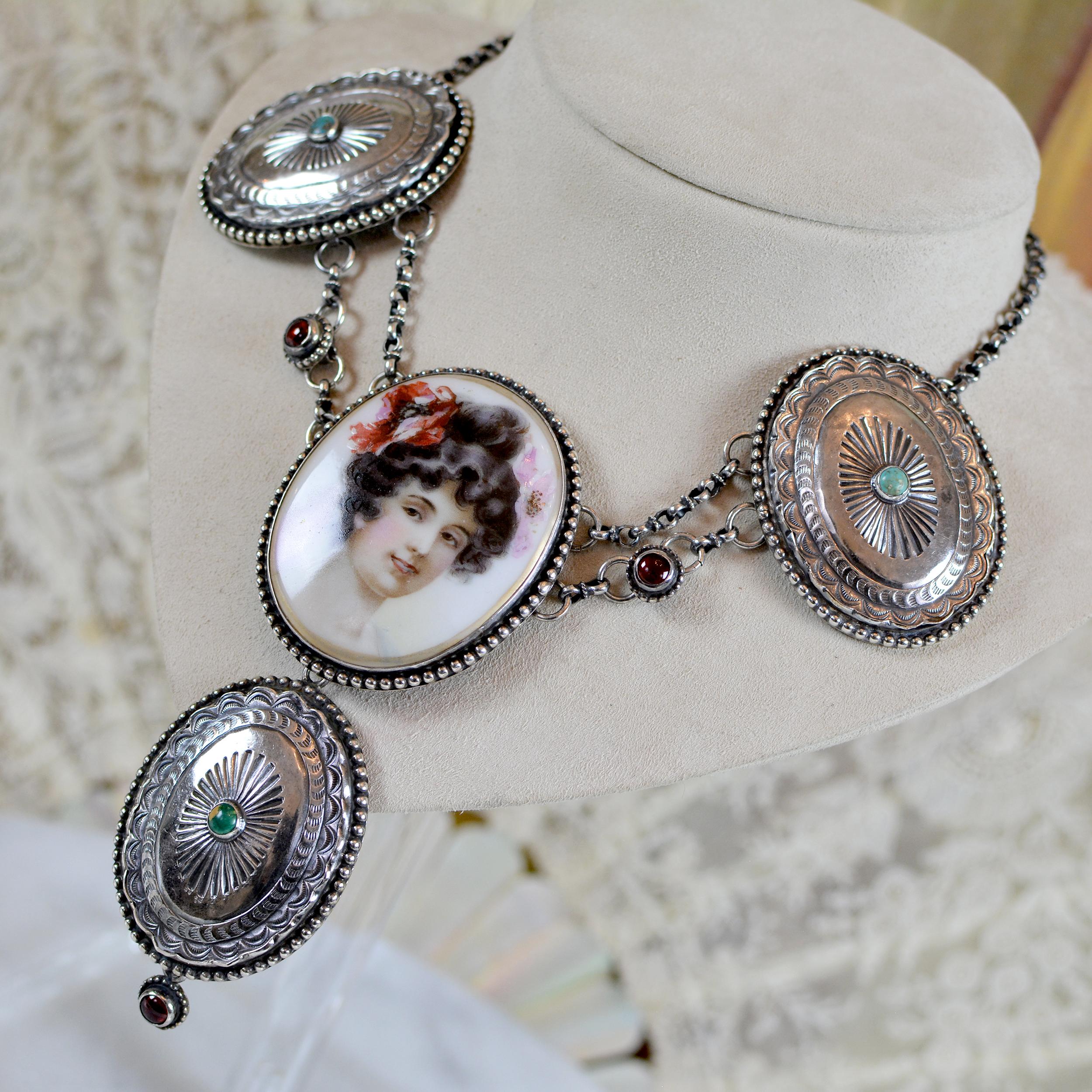 Round Cut Jill Garber Goddess Portrait Festoon Necklace with Navajo Concho's and Garnets For Sale