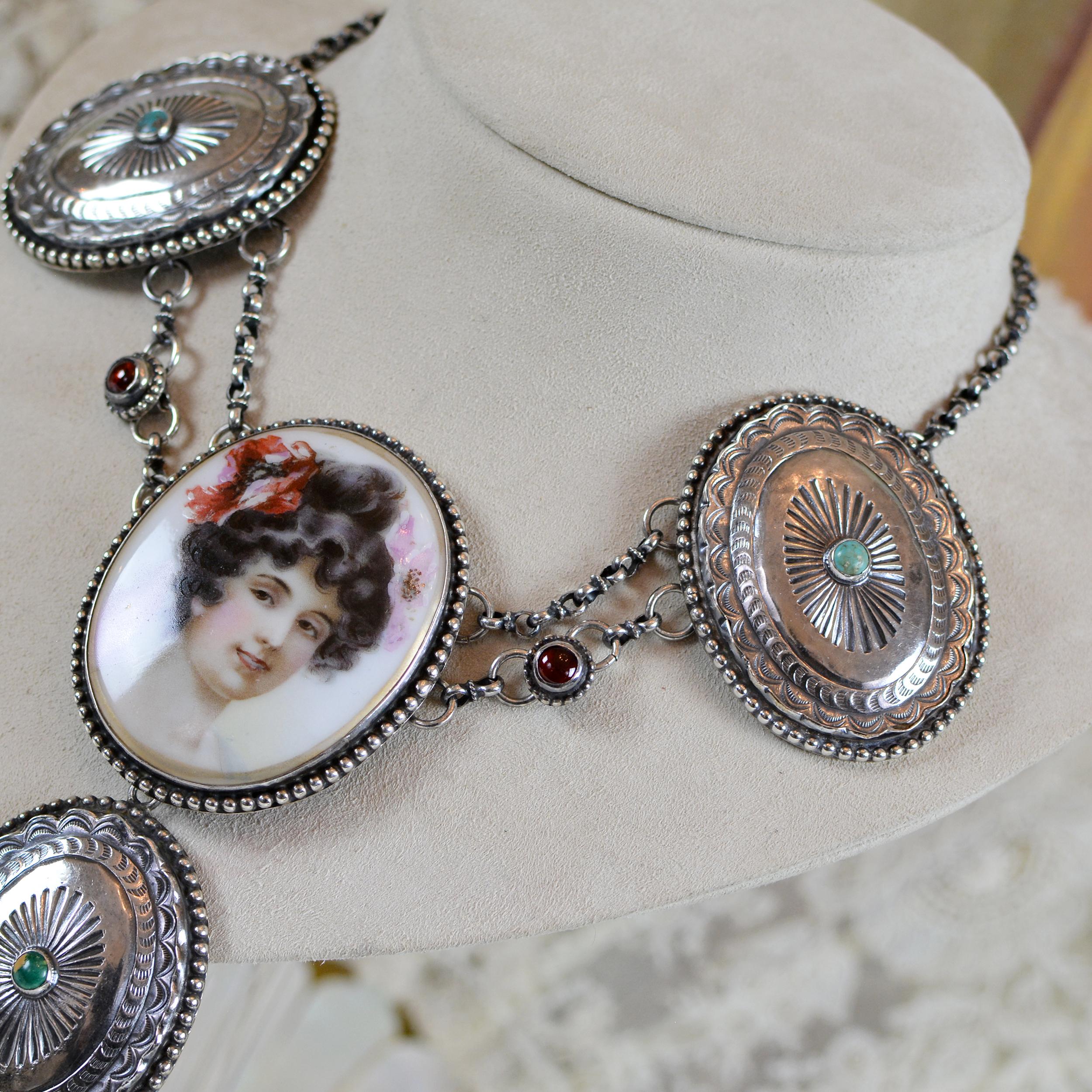 Jill Garber Goddess Portrait Festoon Necklace with Navajo Concho's and Garnets In Excellent Condition For Sale In Saginaw, MI