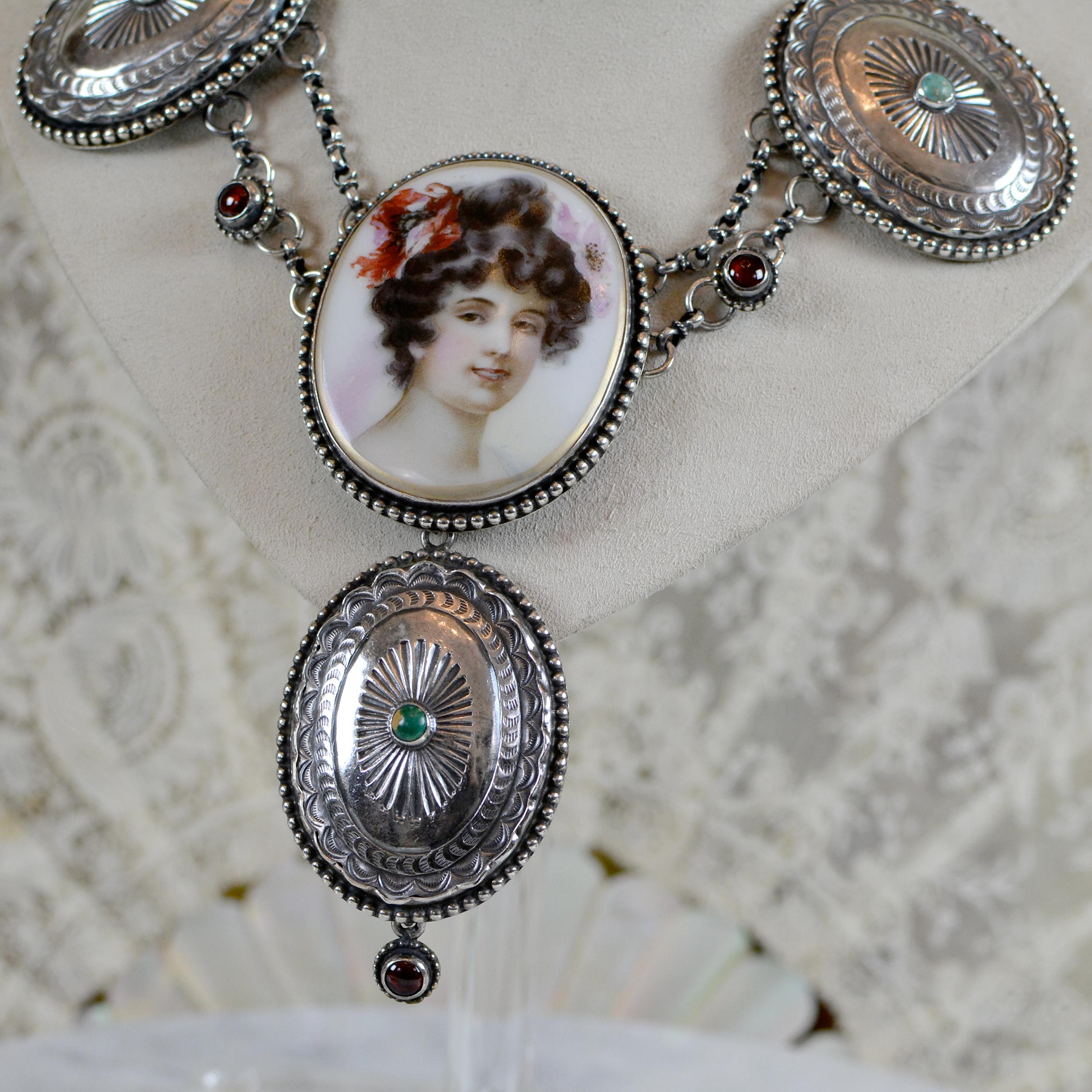 Jill Garber Goddess Portrait Festoon Necklace with Navajo Concho's and Garnets For Sale 2