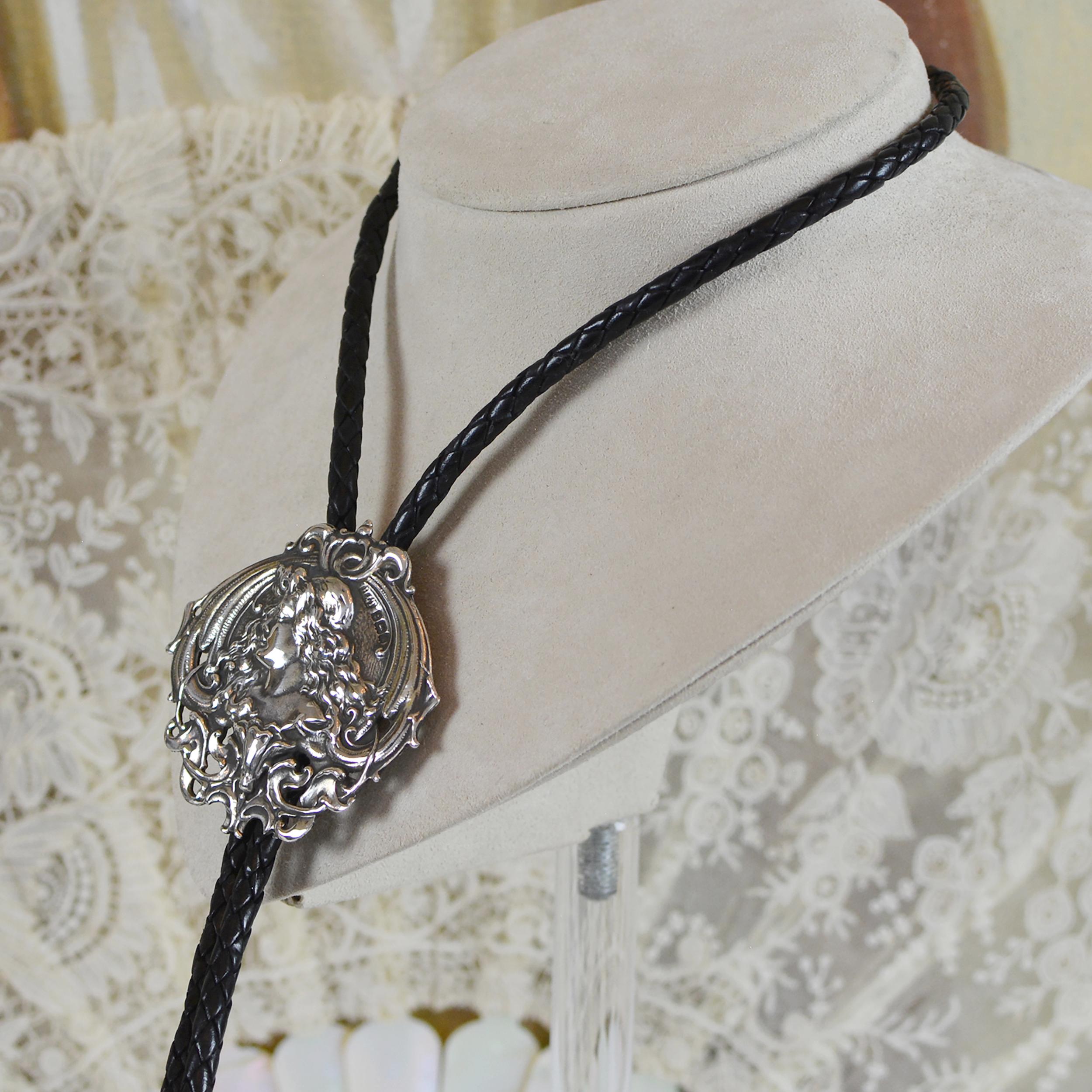 Jill Garber Art Nouveau Figural Art Nouveau Goddess Sterling Silver Bolo Tie In New Condition For Sale In Saginaw, MI