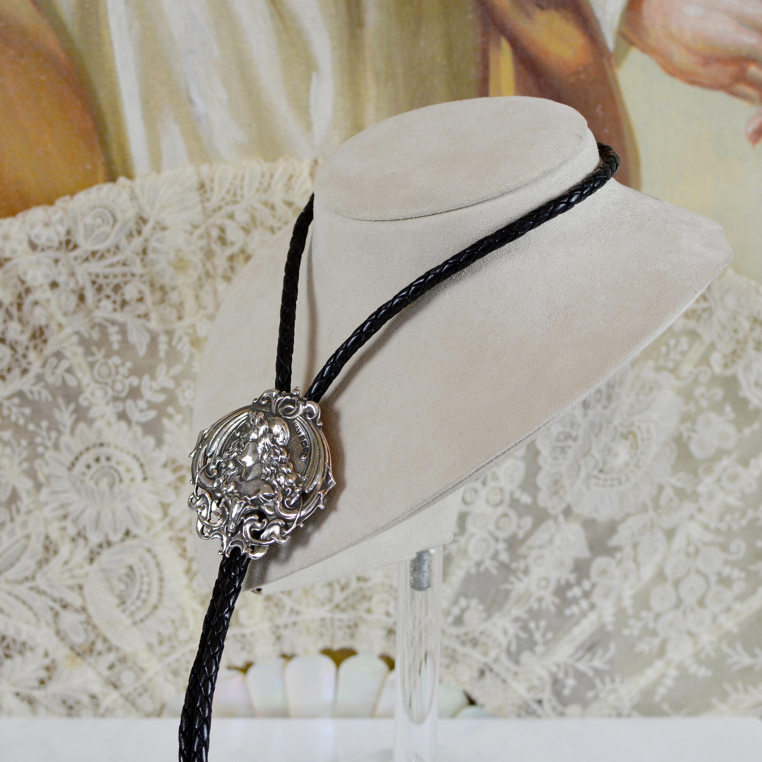 Women's or Men's Jill Garber Art Nouveau Figural Art Nouveau Goddess Sterling Silver Bolo Tie For Sale